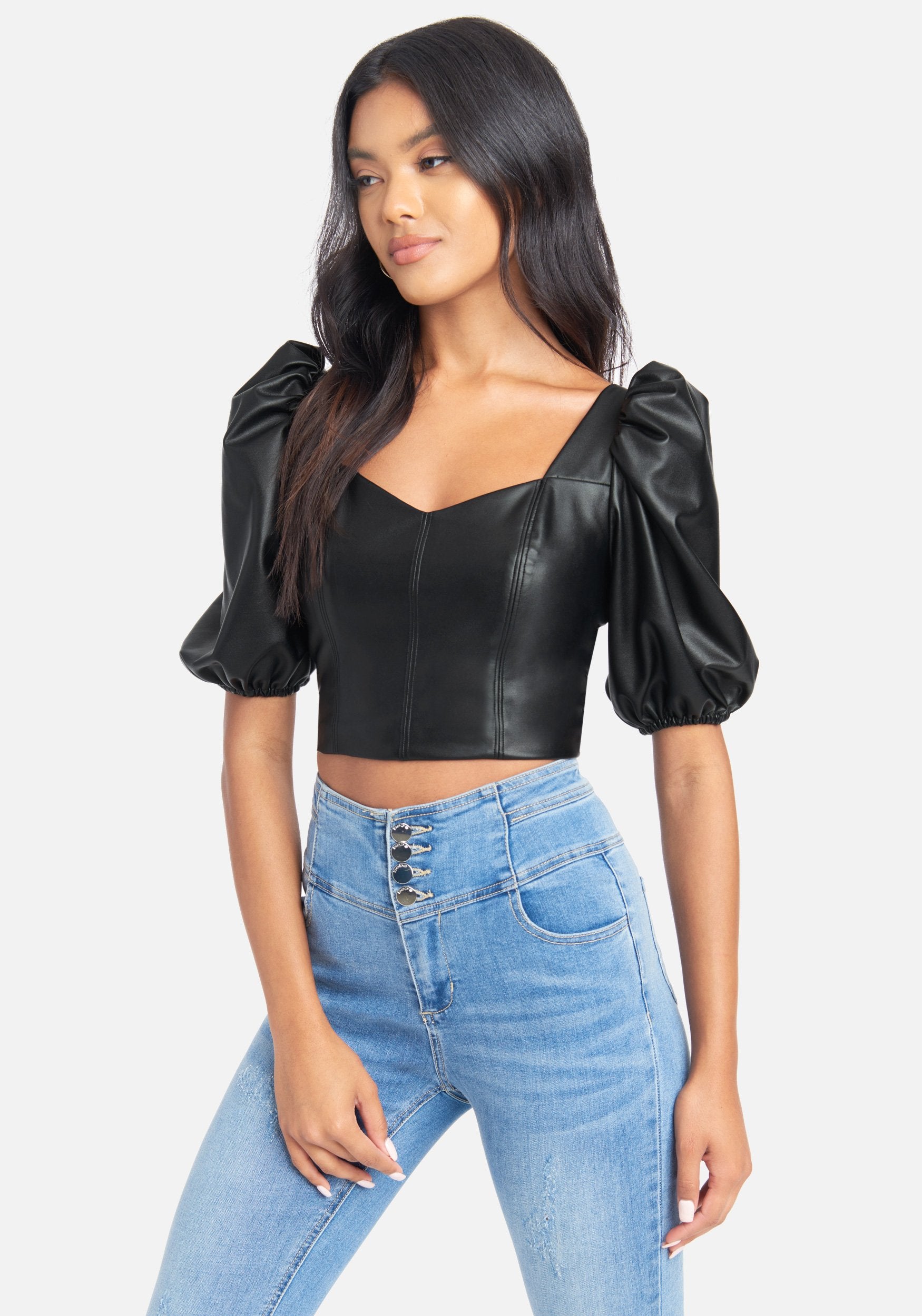 Puff Sleeve Vegan Leather Crop Top