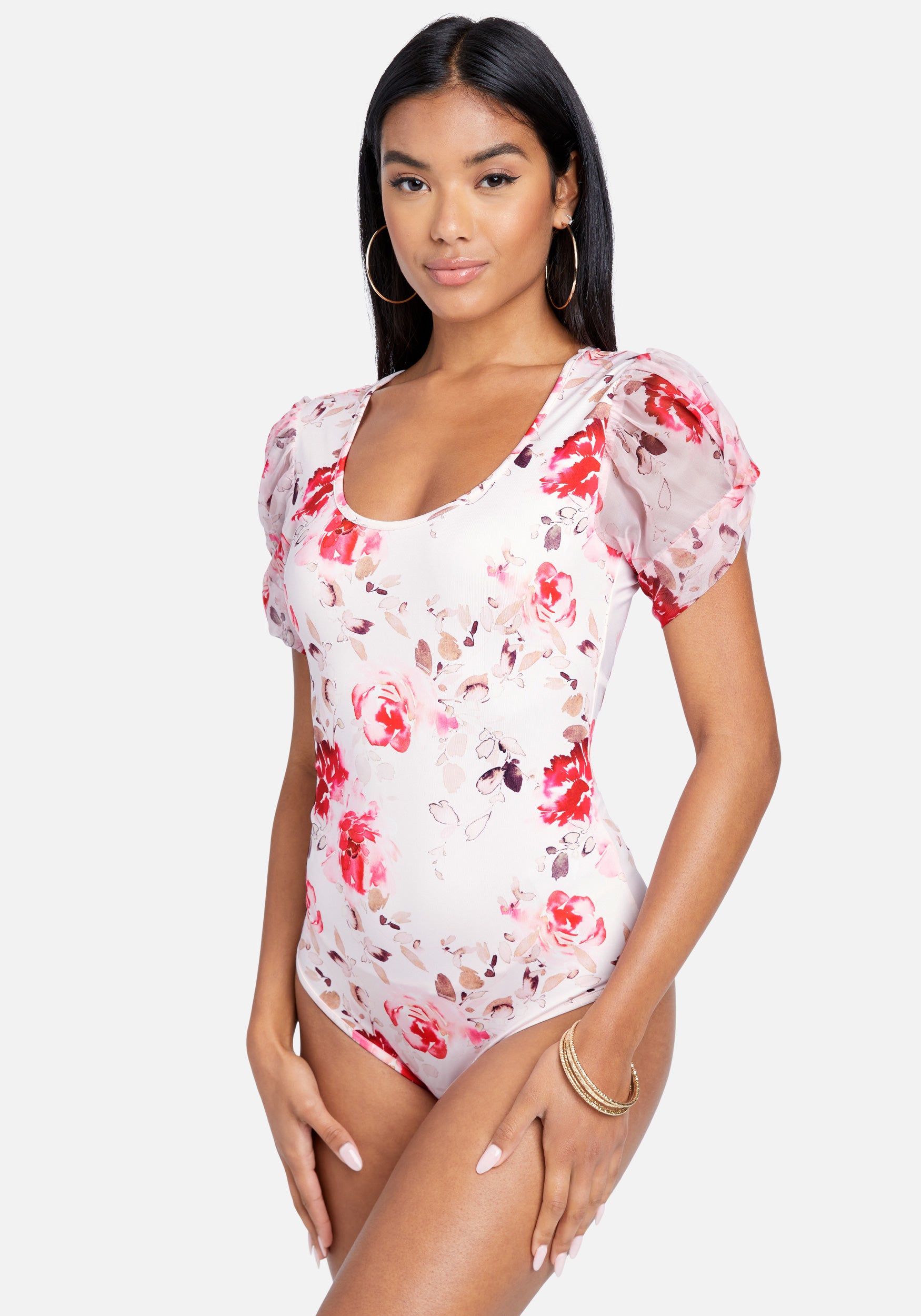 Floral Print Chiffon Sleeve Bodysuit