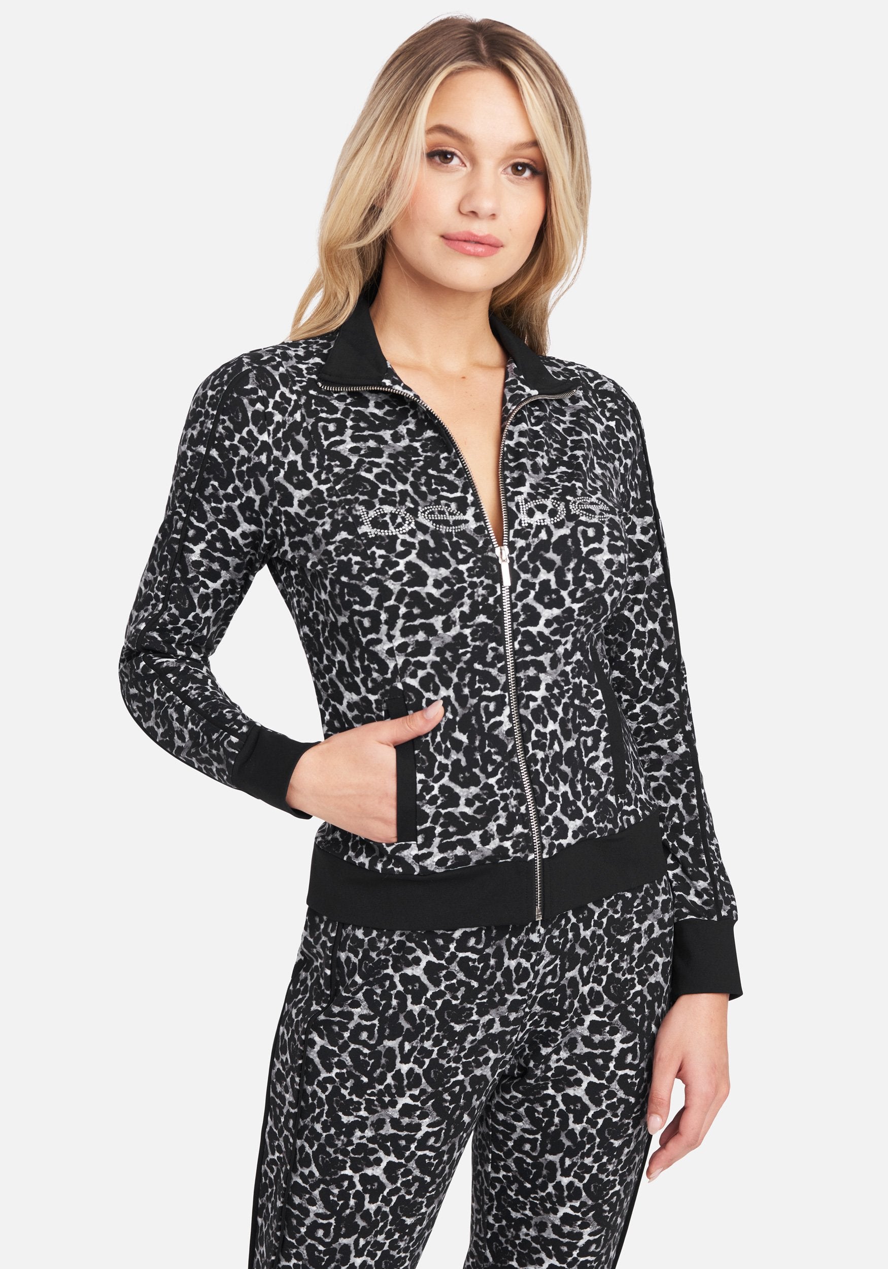 Bebe Logo Leopard Printed Zip Up Jacket