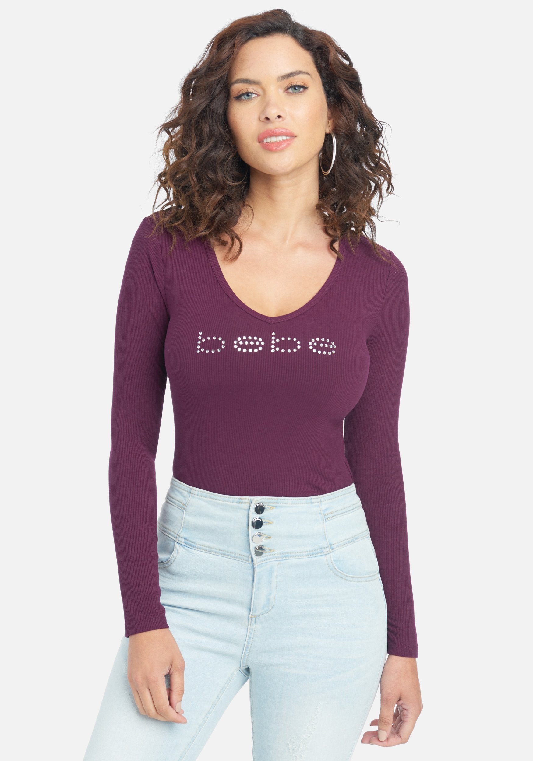 Crystal Logo V-Neck Long Sleeve Tee