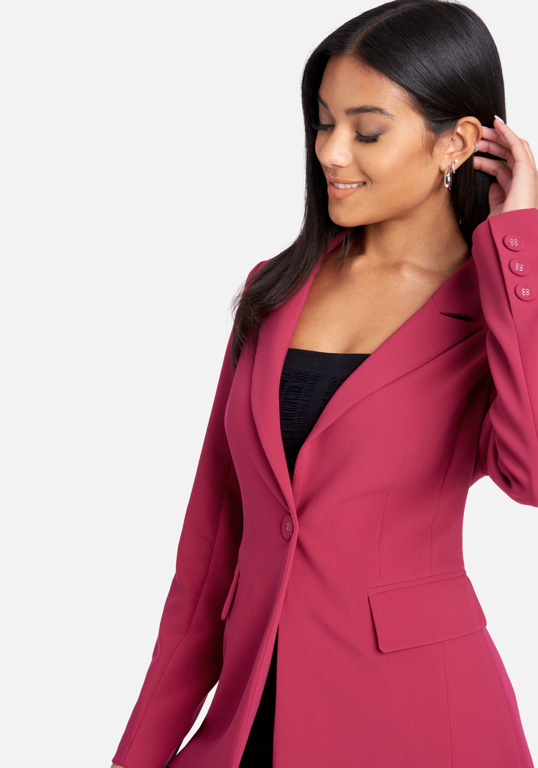 Woven Twill Fitted One Button Long Jacket