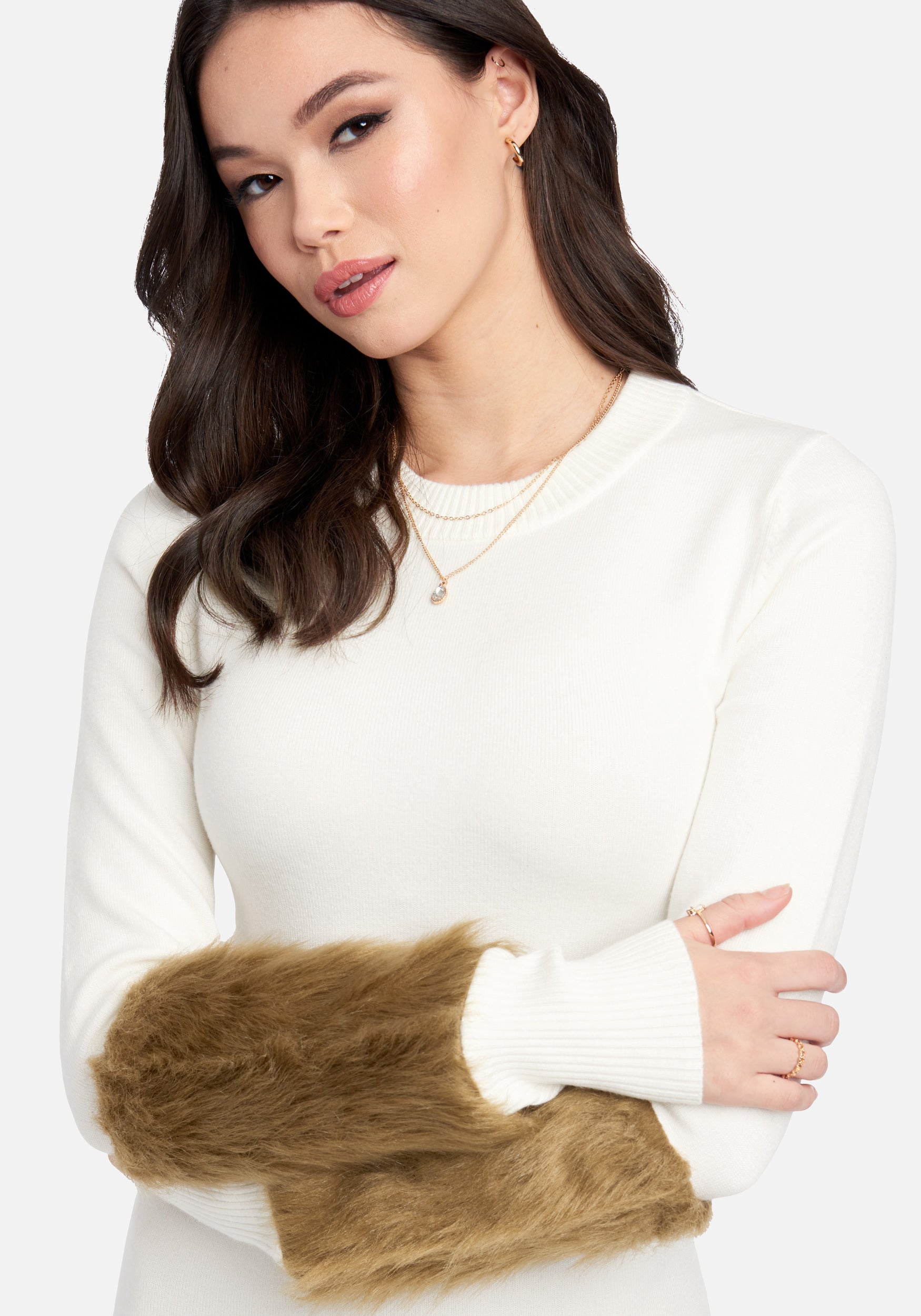 Faux Fur Cuff Sweater Dress