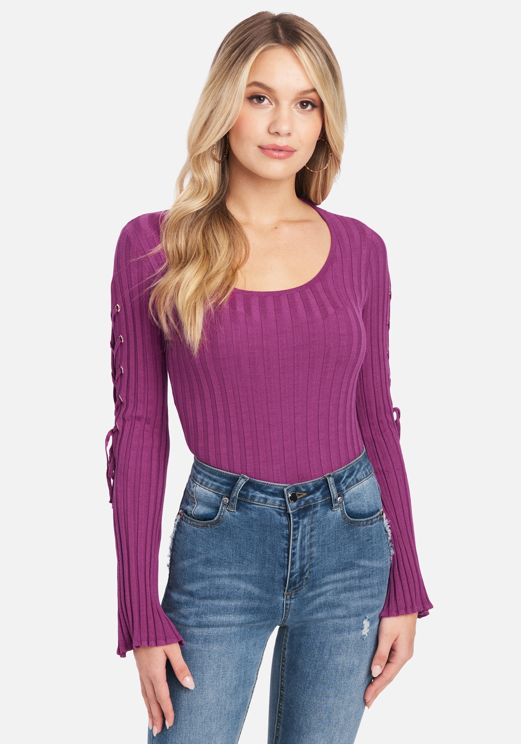 Scoop Neck Lace Up Bell Sleeve Sweater