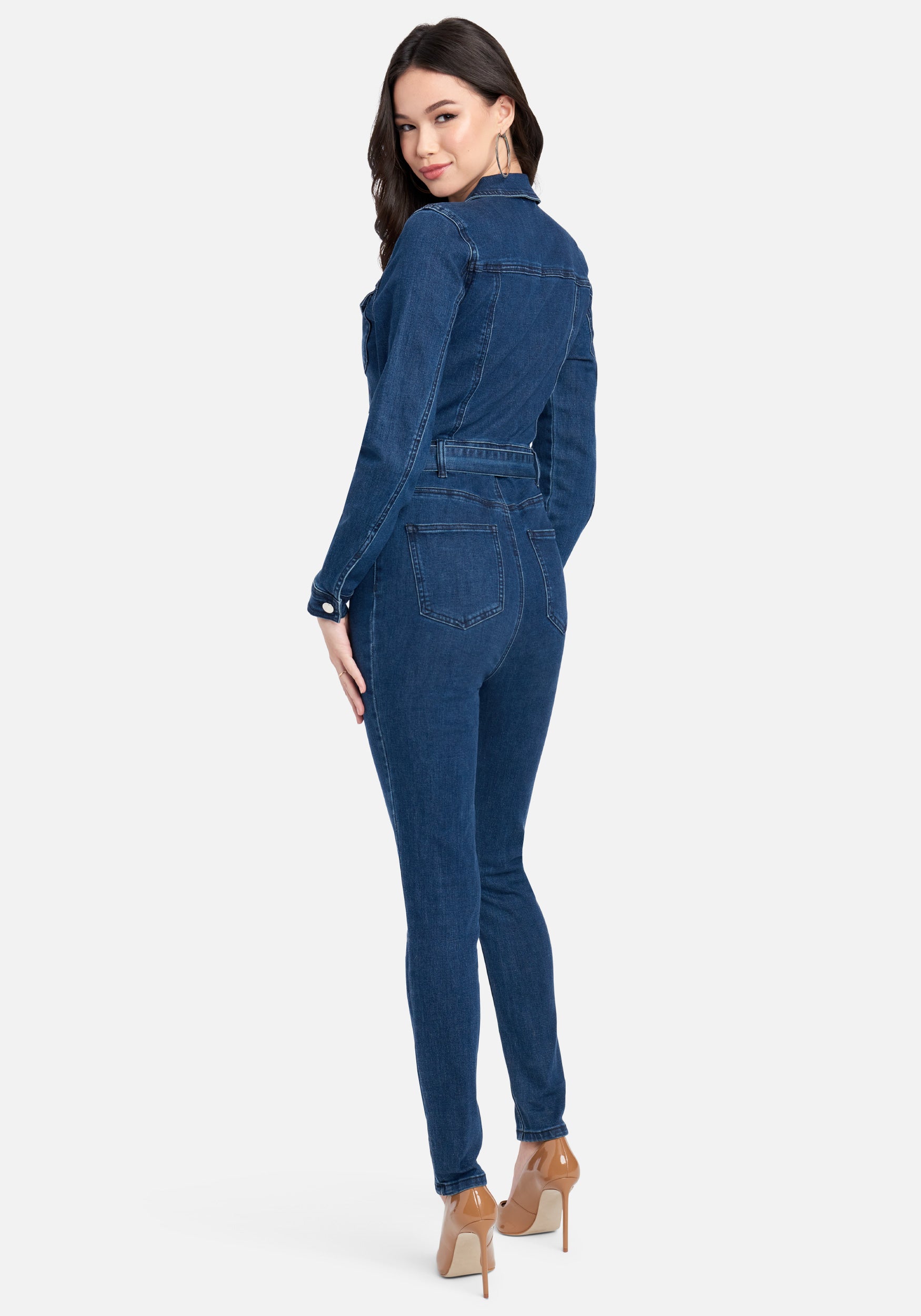 Rhinestone Belt Buckle Zip Front Denim Jumpsuit