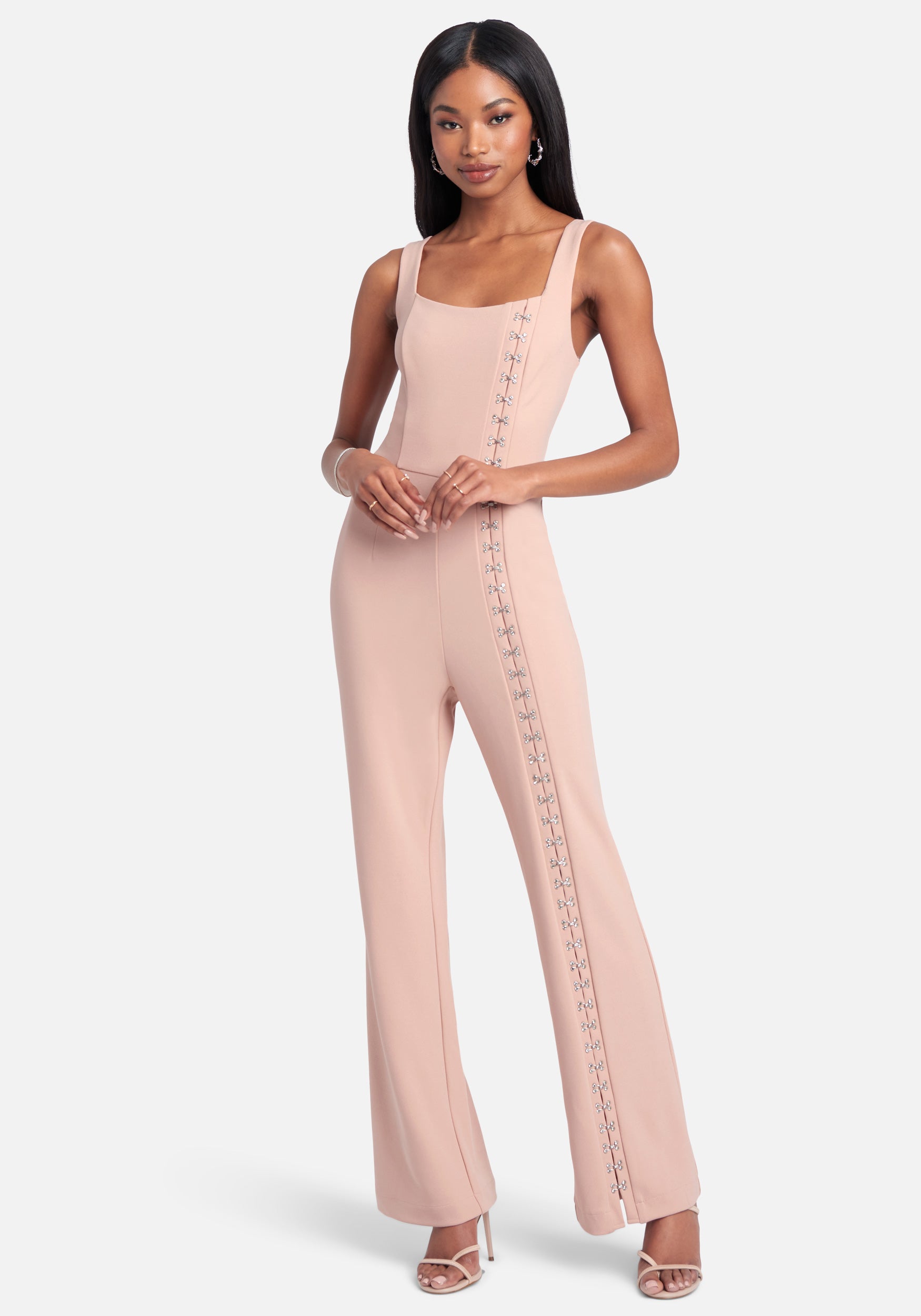 Knit Crepe Rhinestone Hook & Eye Wide Leg Jumpsuit