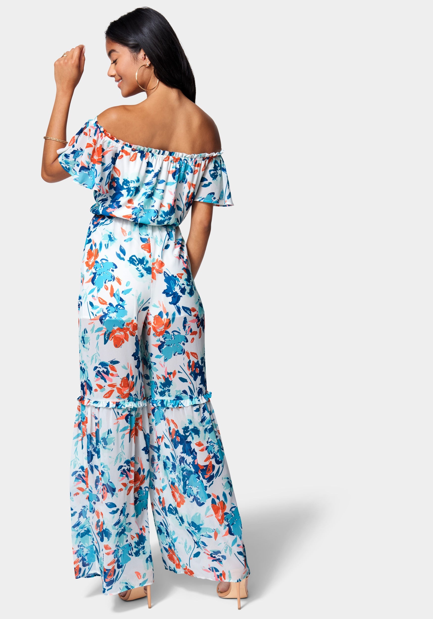Printed Off Shoulder Slit Leg Jumpsuit