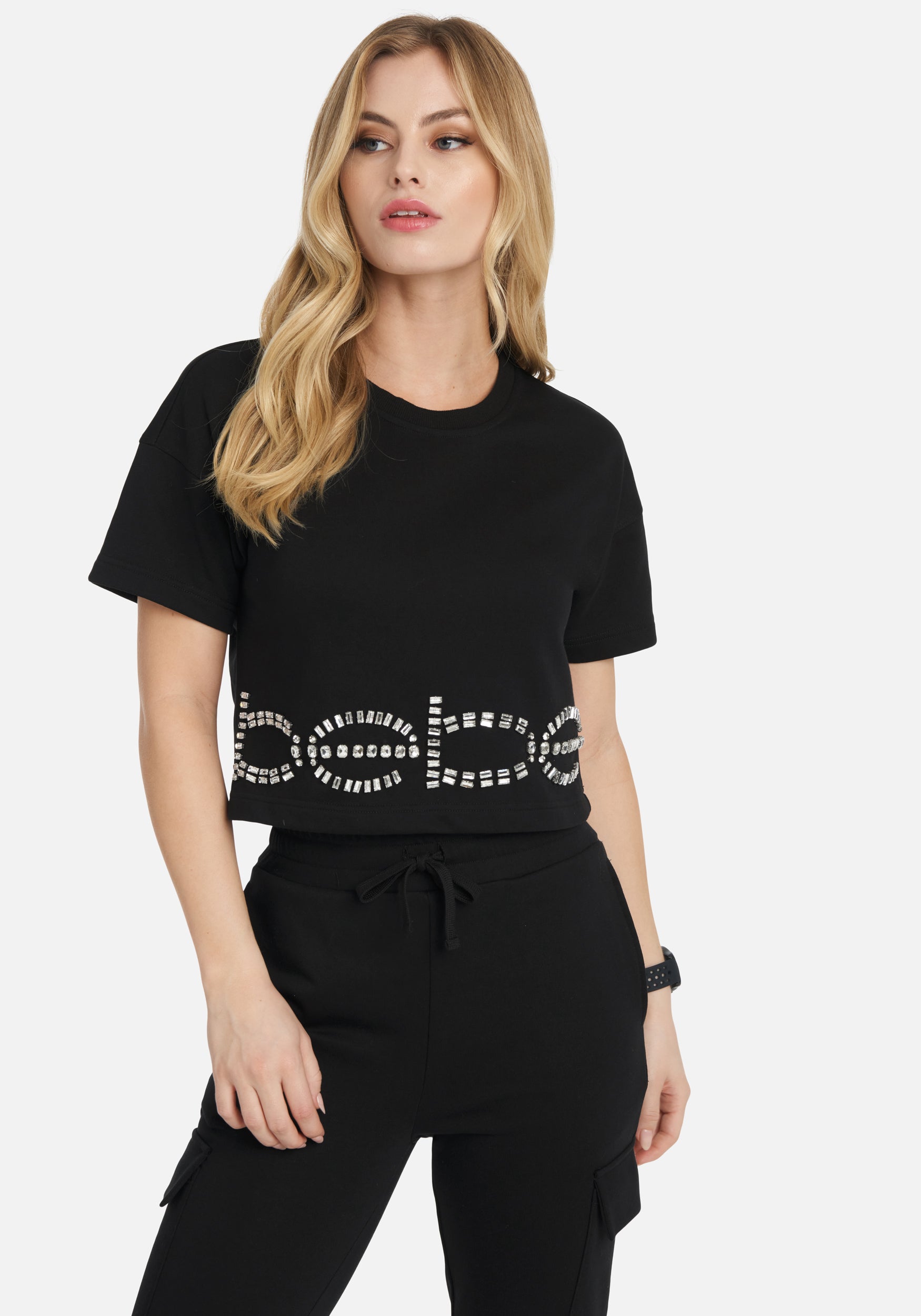 Bebe Rhinestone Logo French Terry Crop Top