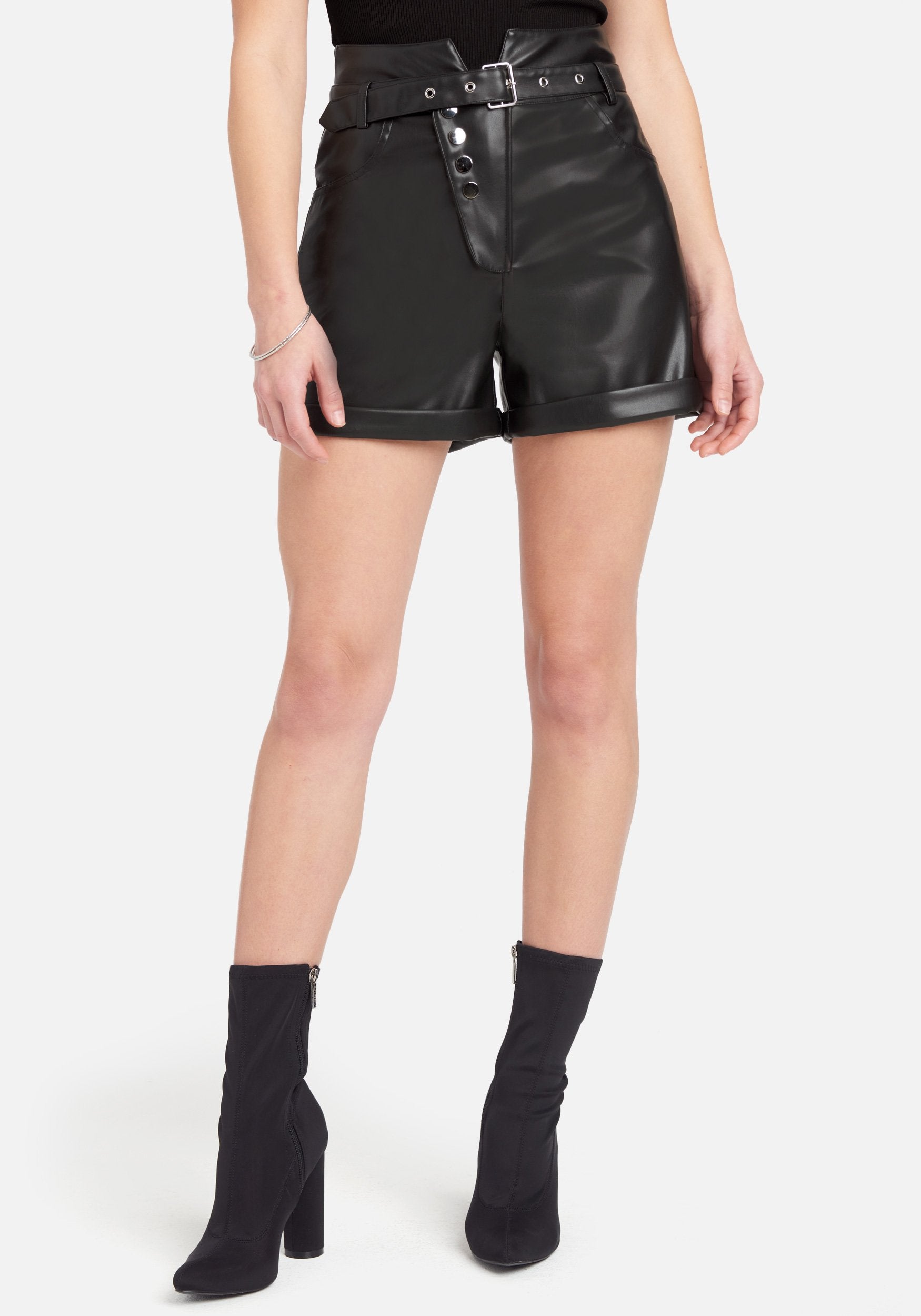 Vegan Leather Exposed Button Shorts