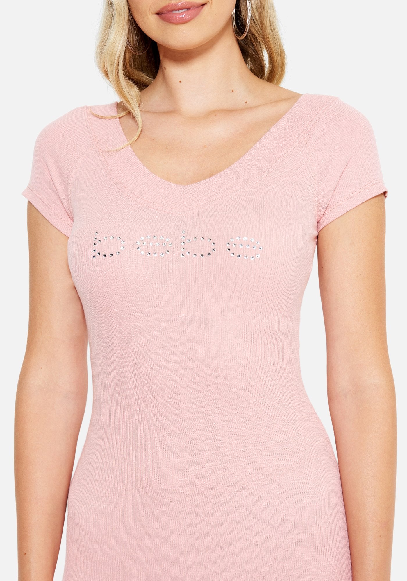 Crystal Logo Short Sleeve Double V-Neck Dress