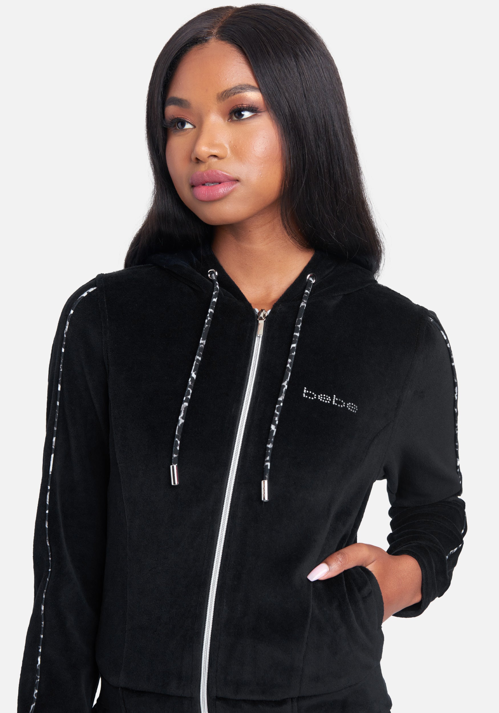 Bebe Logo Velour Zip Up Jacket