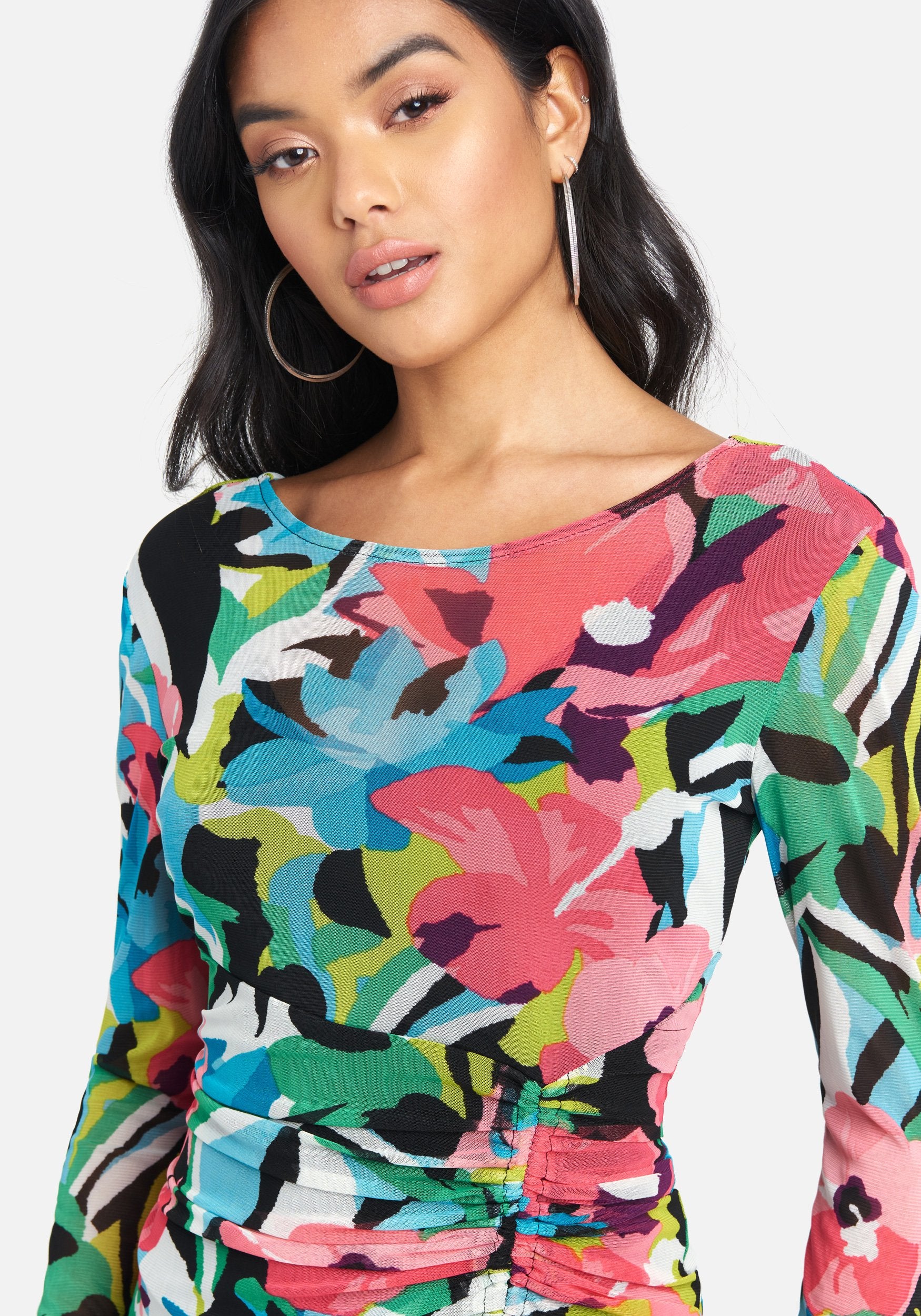 Long Sleeve Mesh Ruched Dress