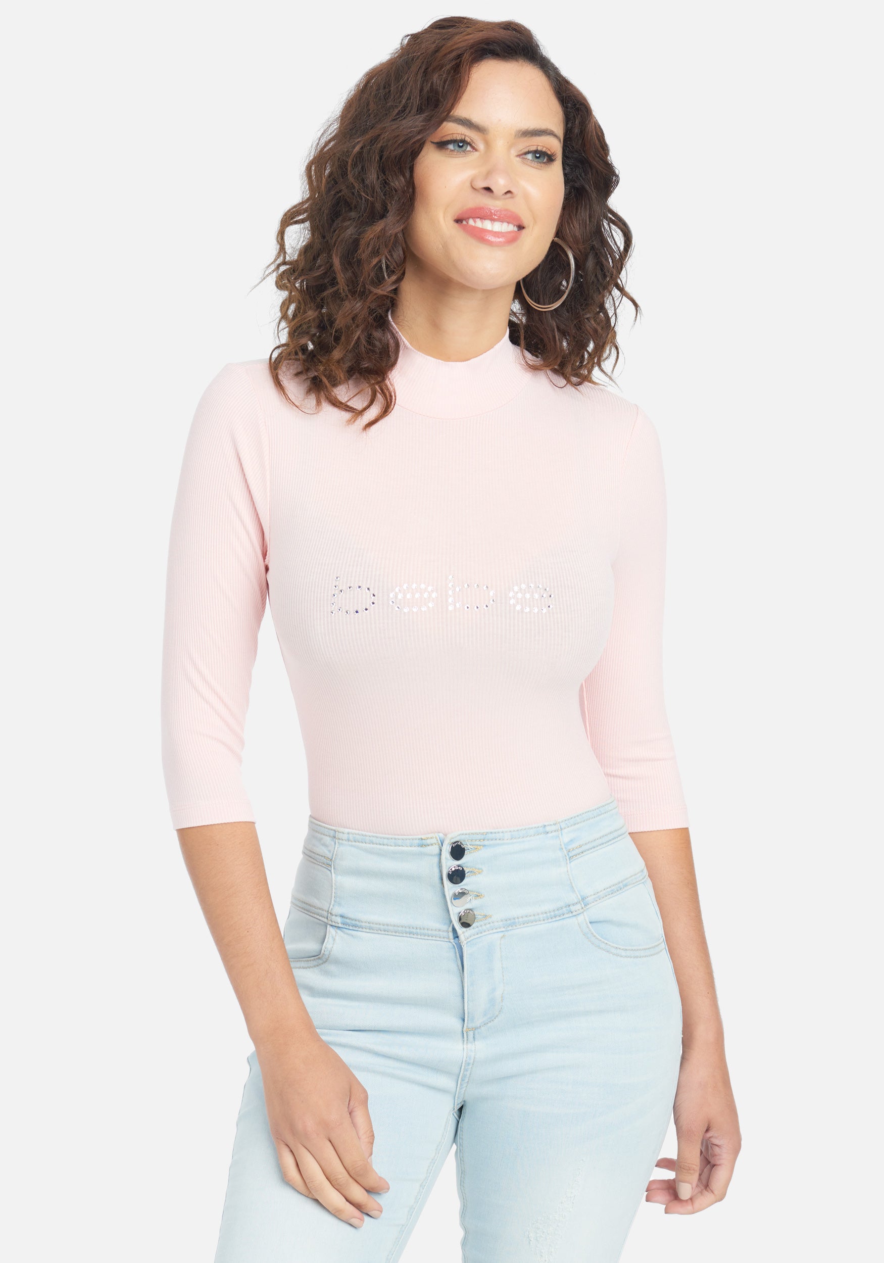 Crystal Logo Mock Neck 3/4 Sleeve Tee