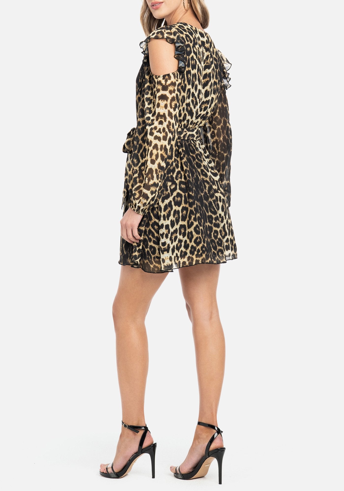 Printed Ruffle Cold Shoulder Dress