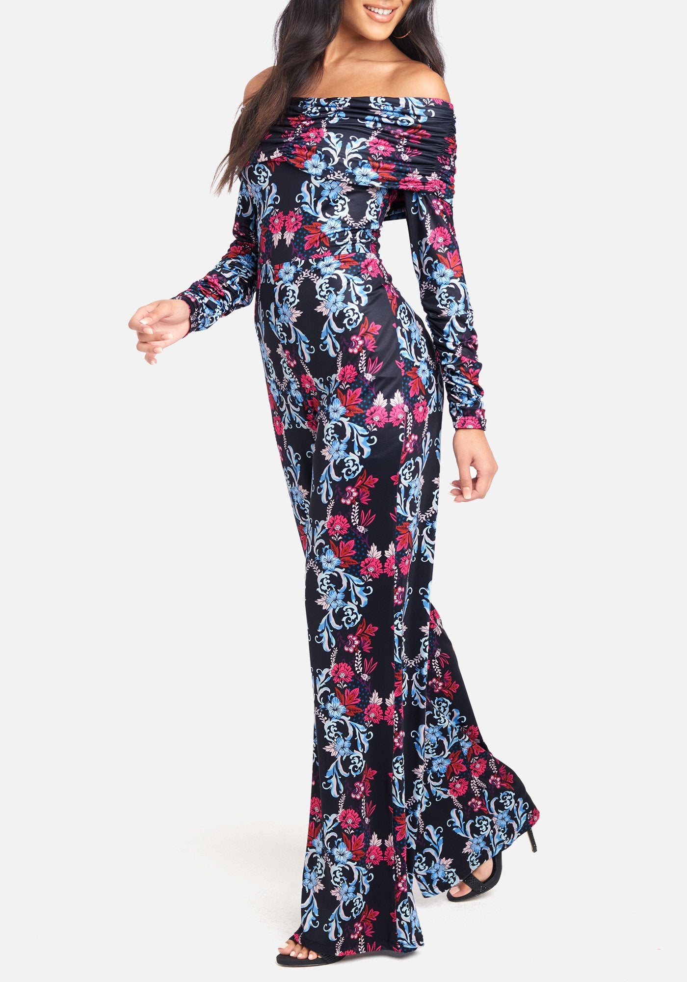 Printed Off Shoulder Slinky Jumpsuit