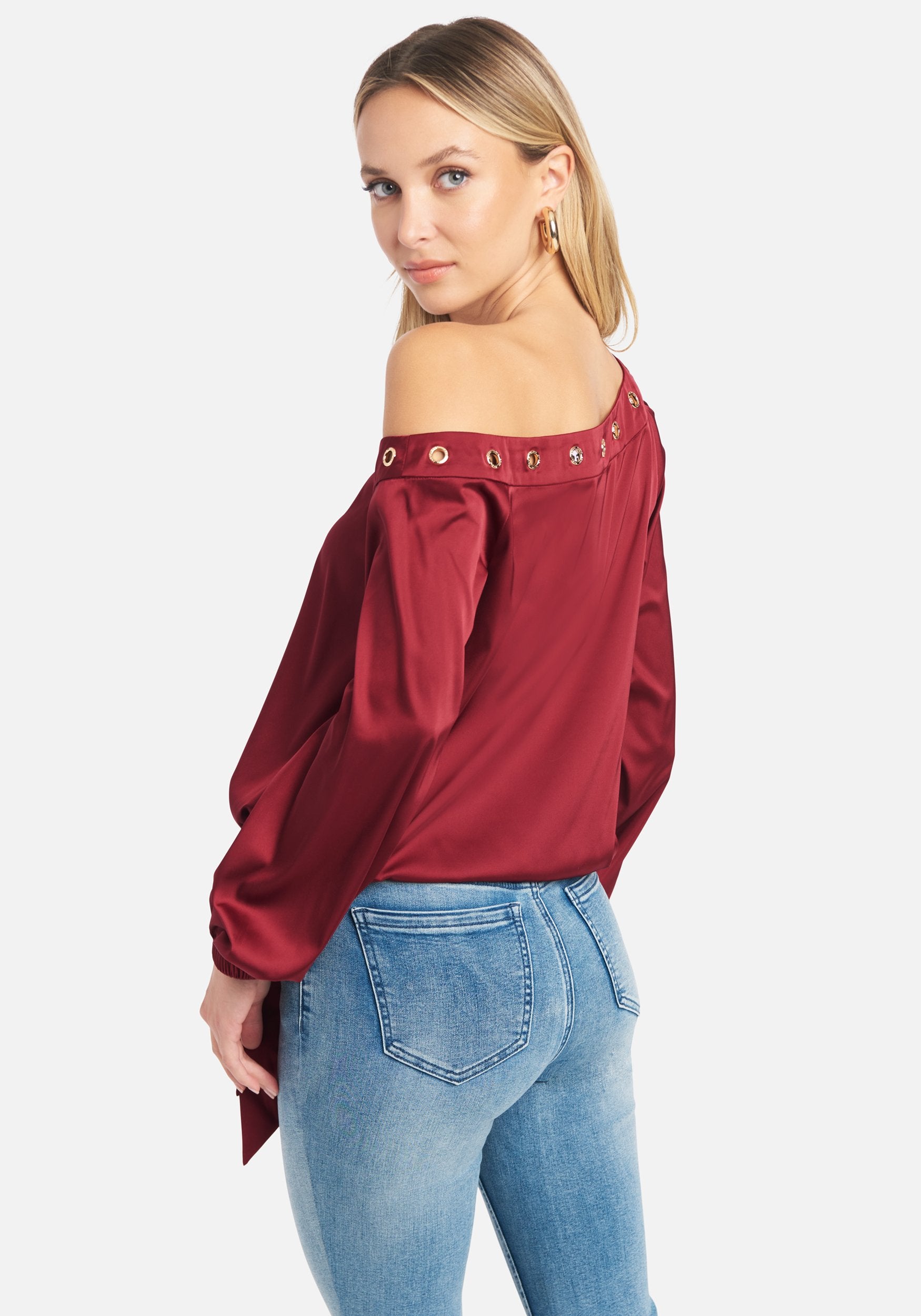Off Shoulder Grommet Detail Satin Blouse