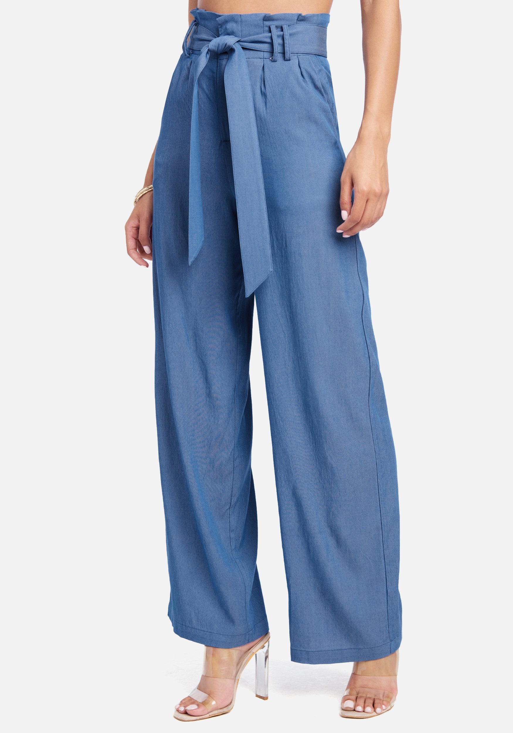 High Waist Front Tie Wide Leg Chambray Pants