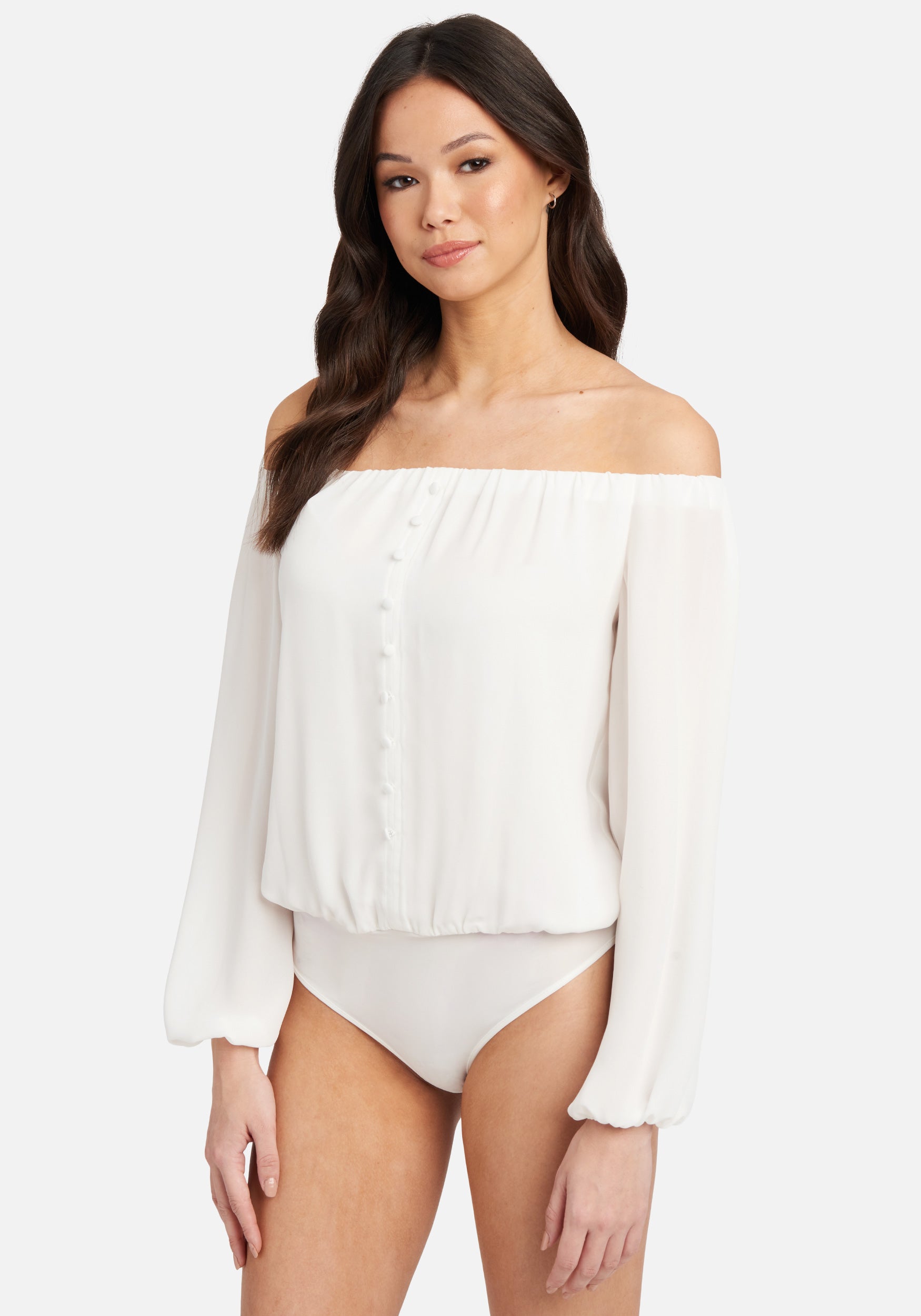 Off Shoulder Front Button Crepe Bodysuit