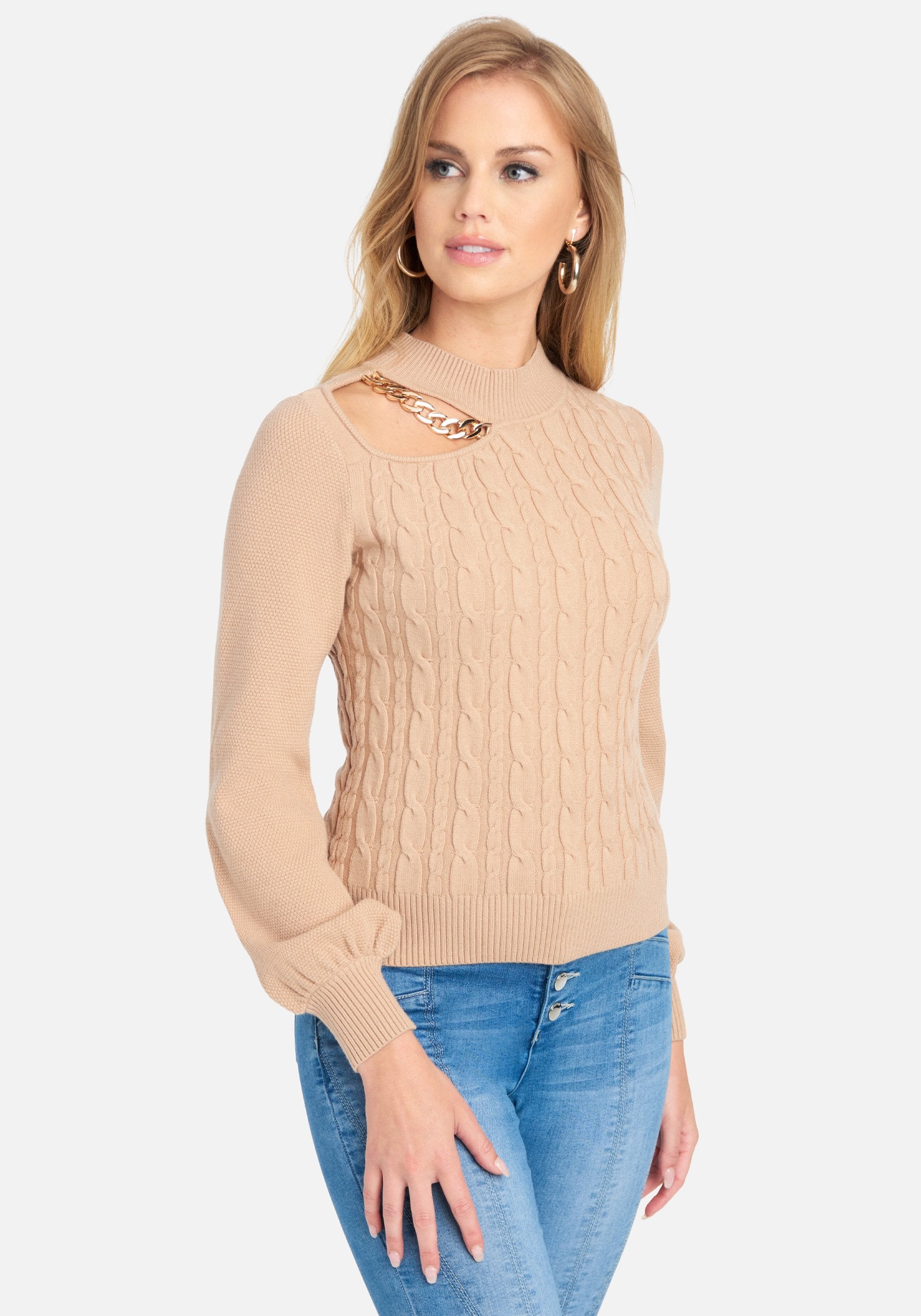 Chain Detail Mock Neck Cable Sweater