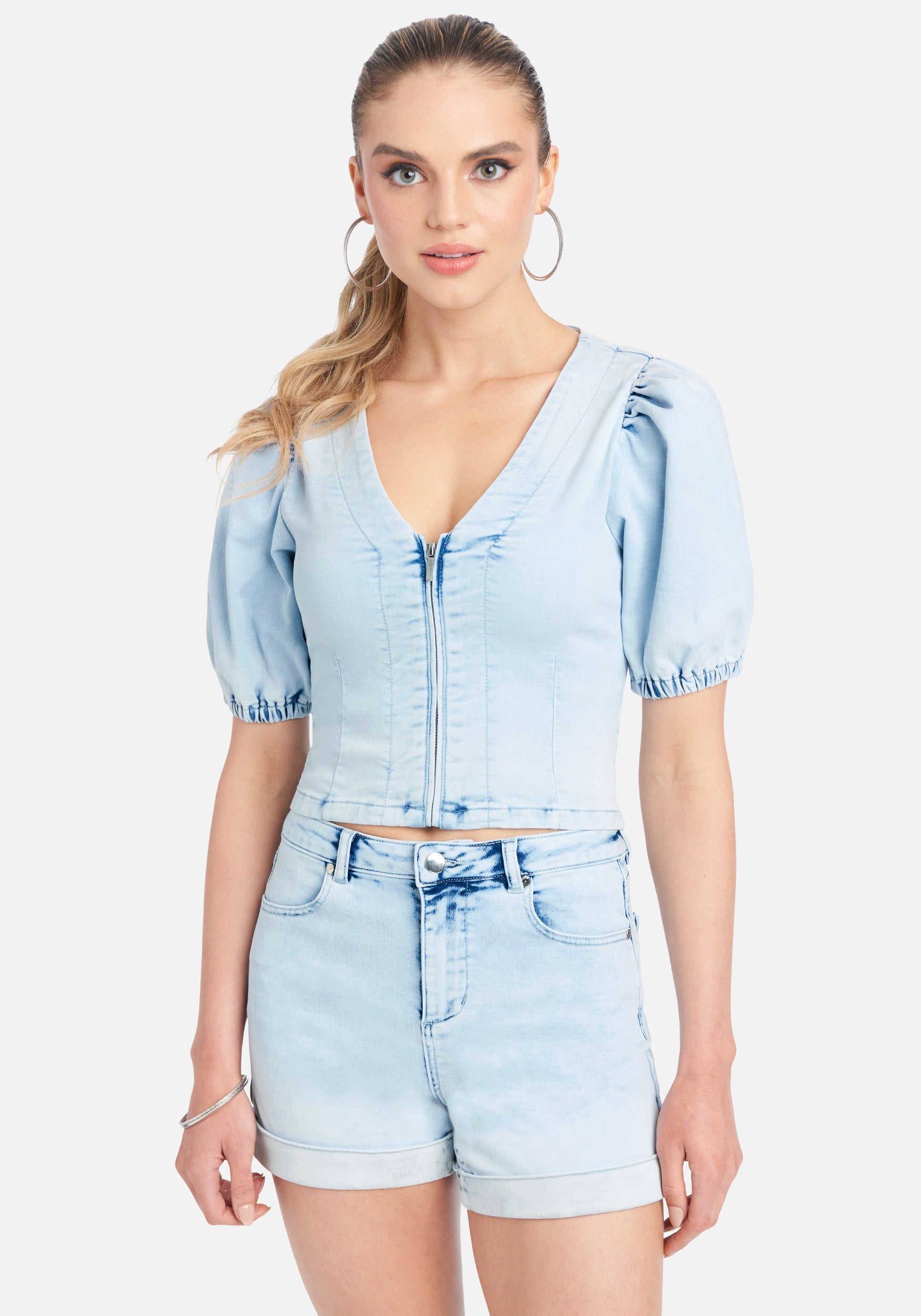 Ombre Wash Puff Sleeve Jean Top