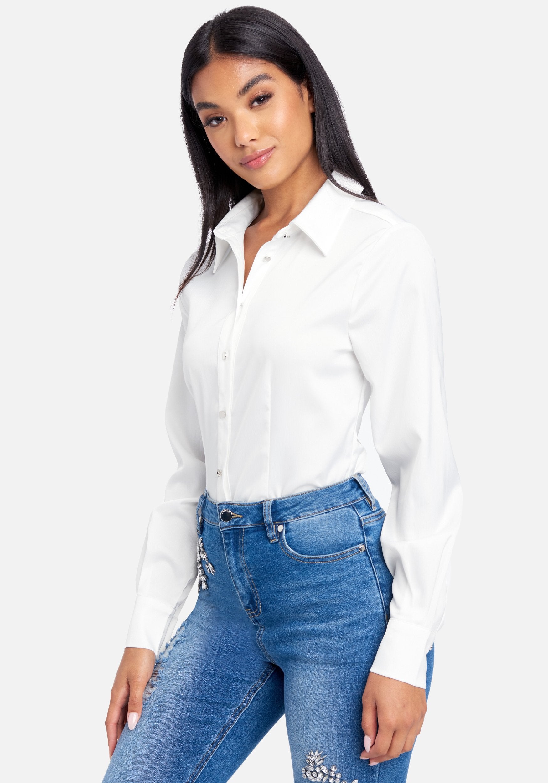 Hammered Satin Long Sleeve Button Down Blouse