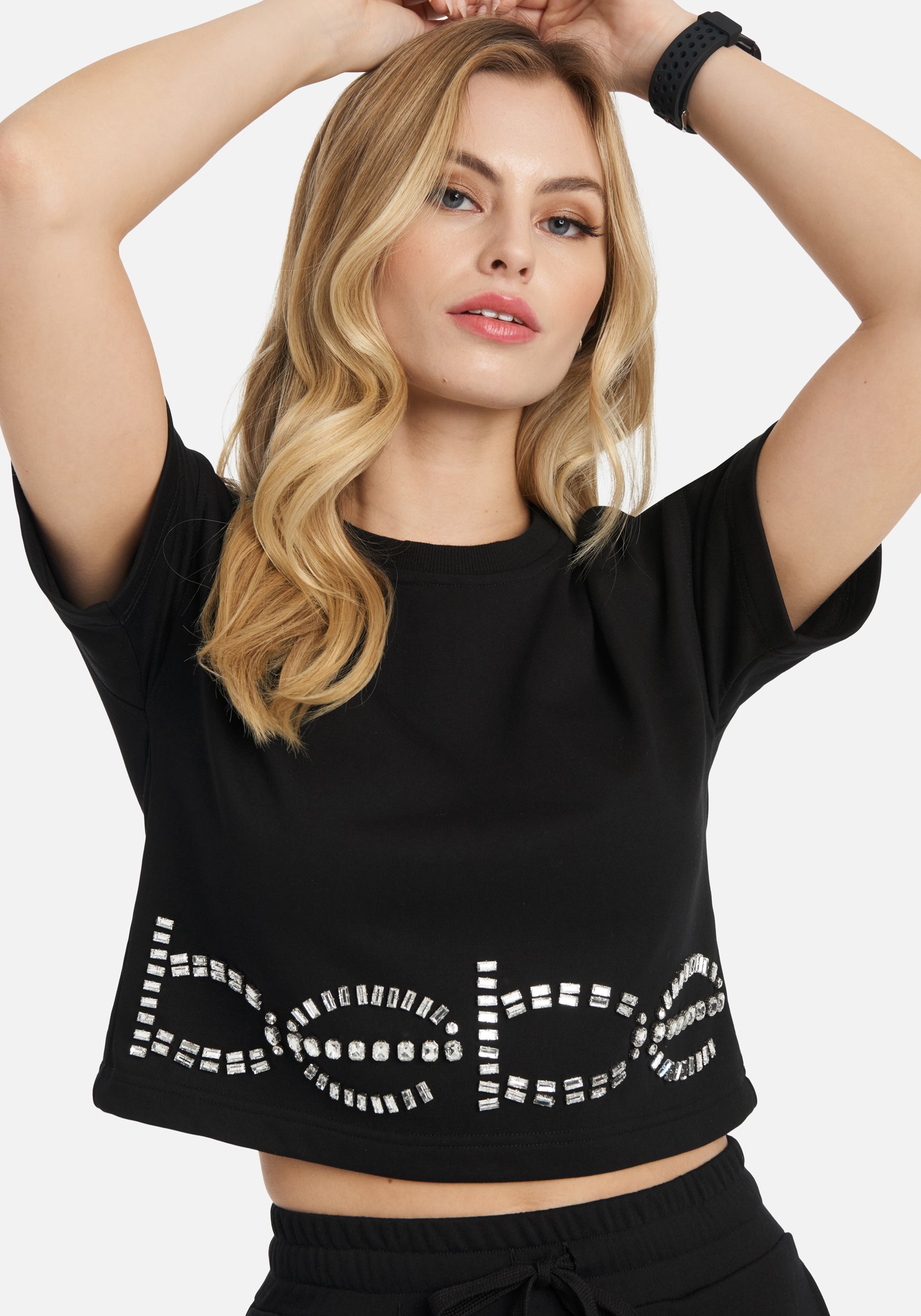 Bebe Rhinestone Logo French Terry Crop Top