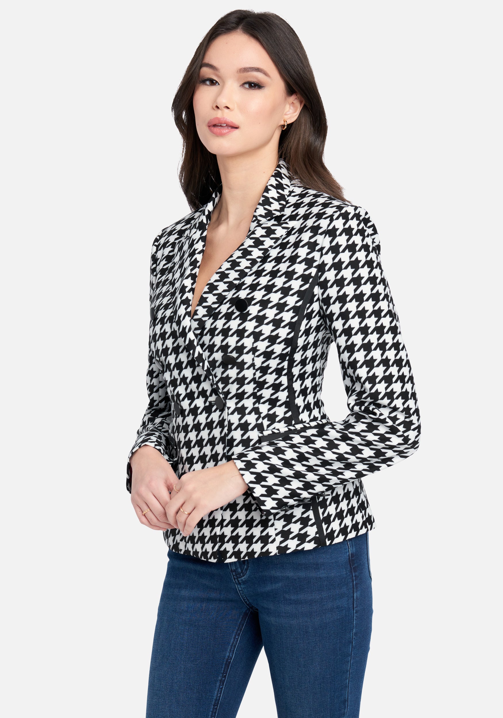 Twill Houndstooth Double Breasted Blazer Jacket