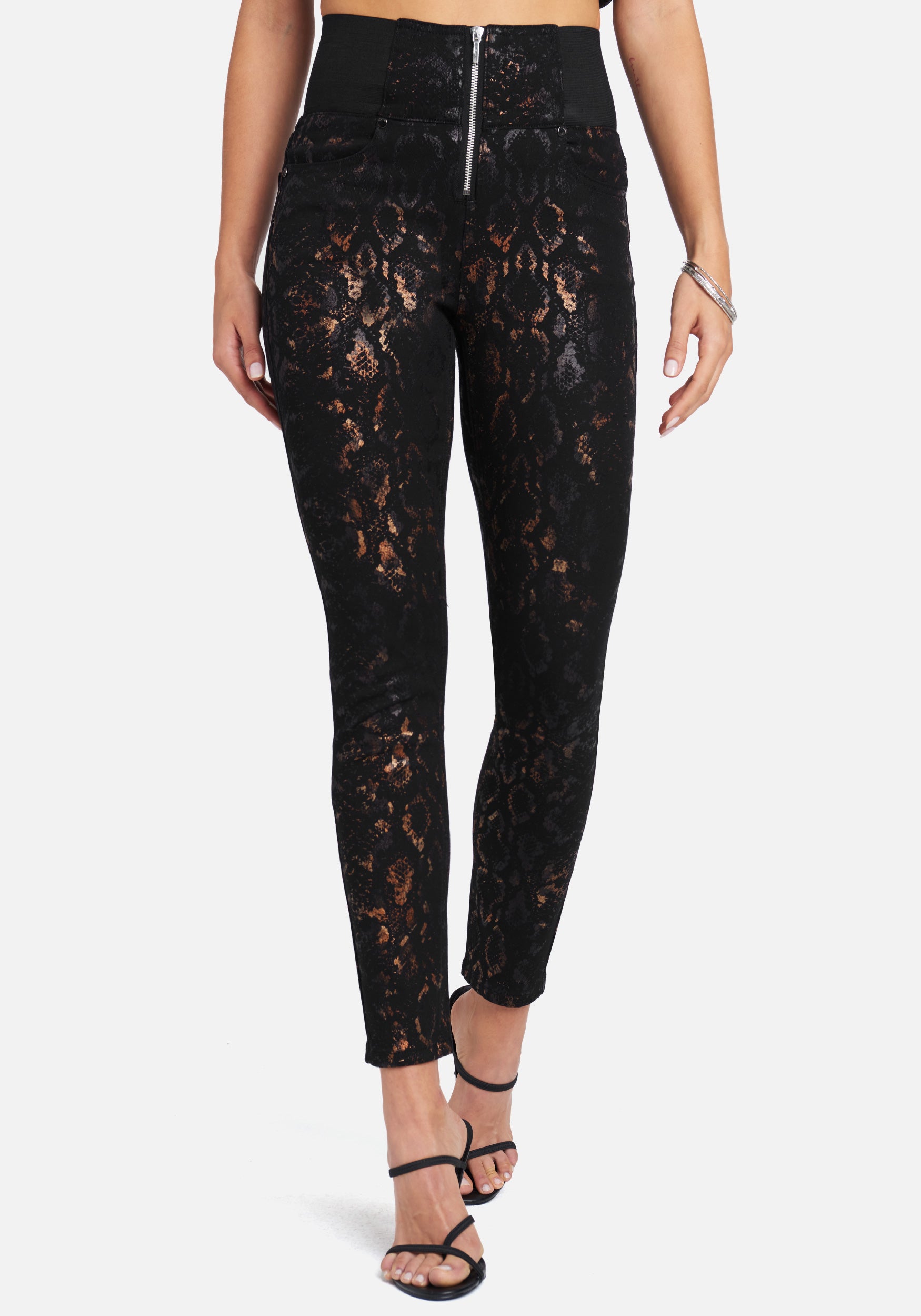 High Waist Elastic Zip Front Foil Skinny Jeans