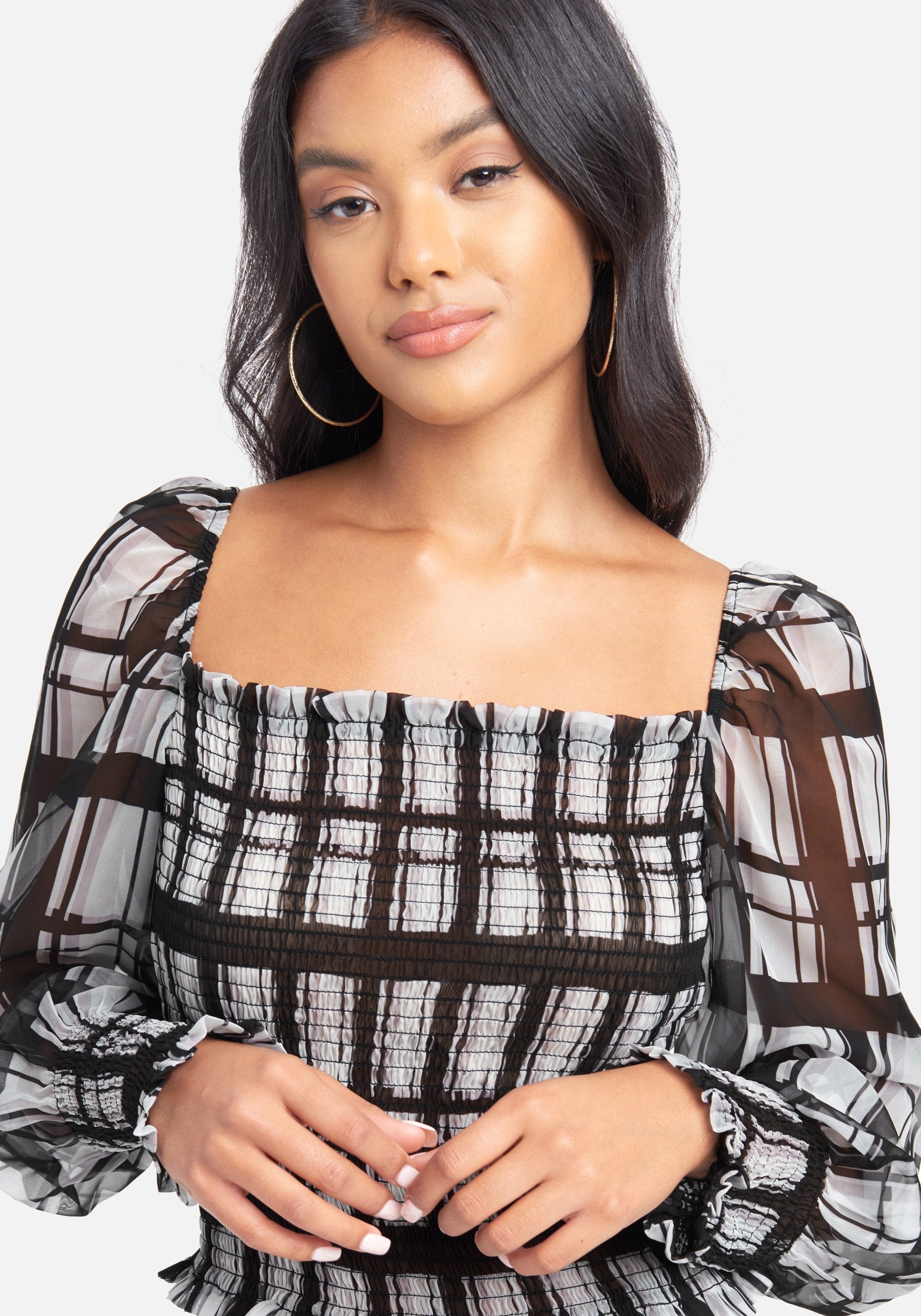 Houndstooth Blouson Smocked Top