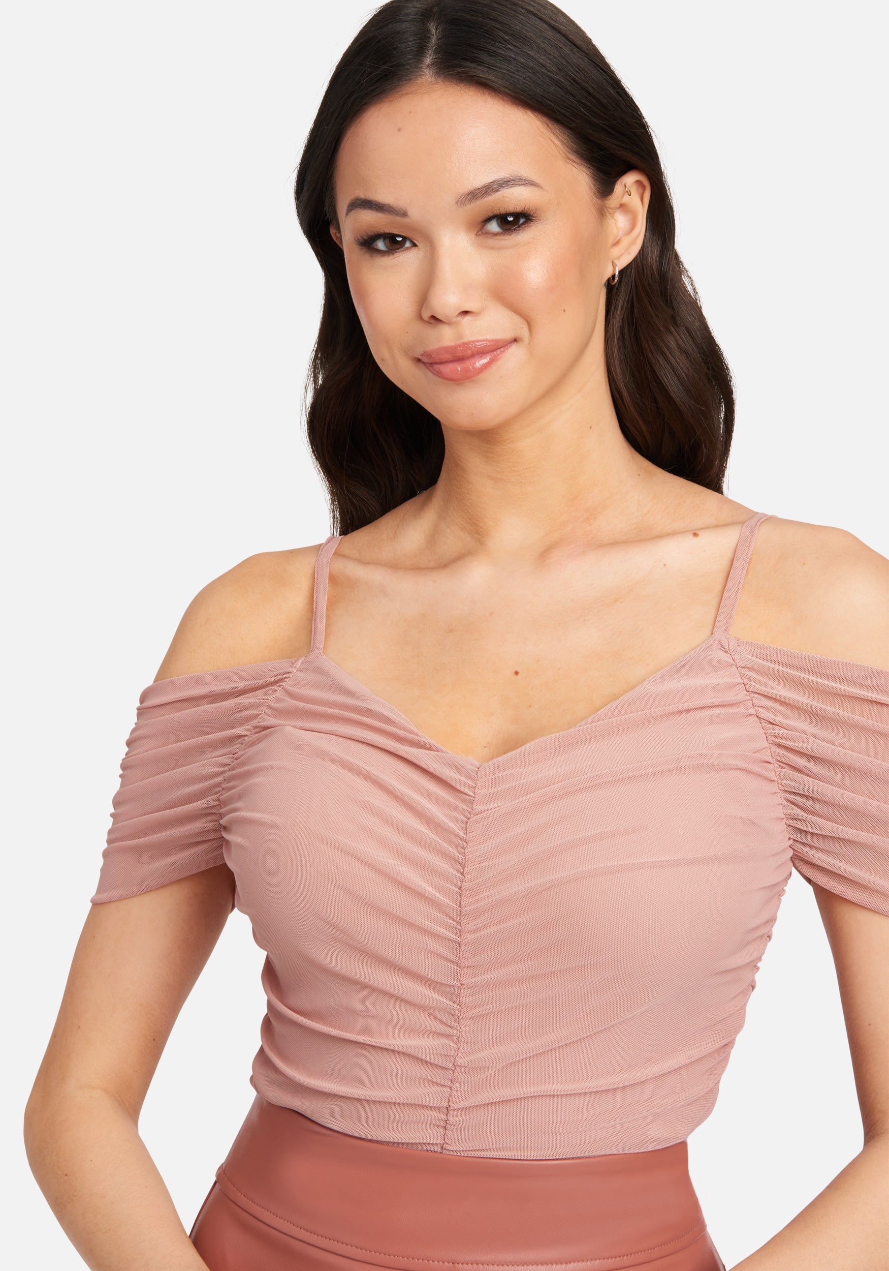 Ruched Cold Shoulder Mesh Bodysuit