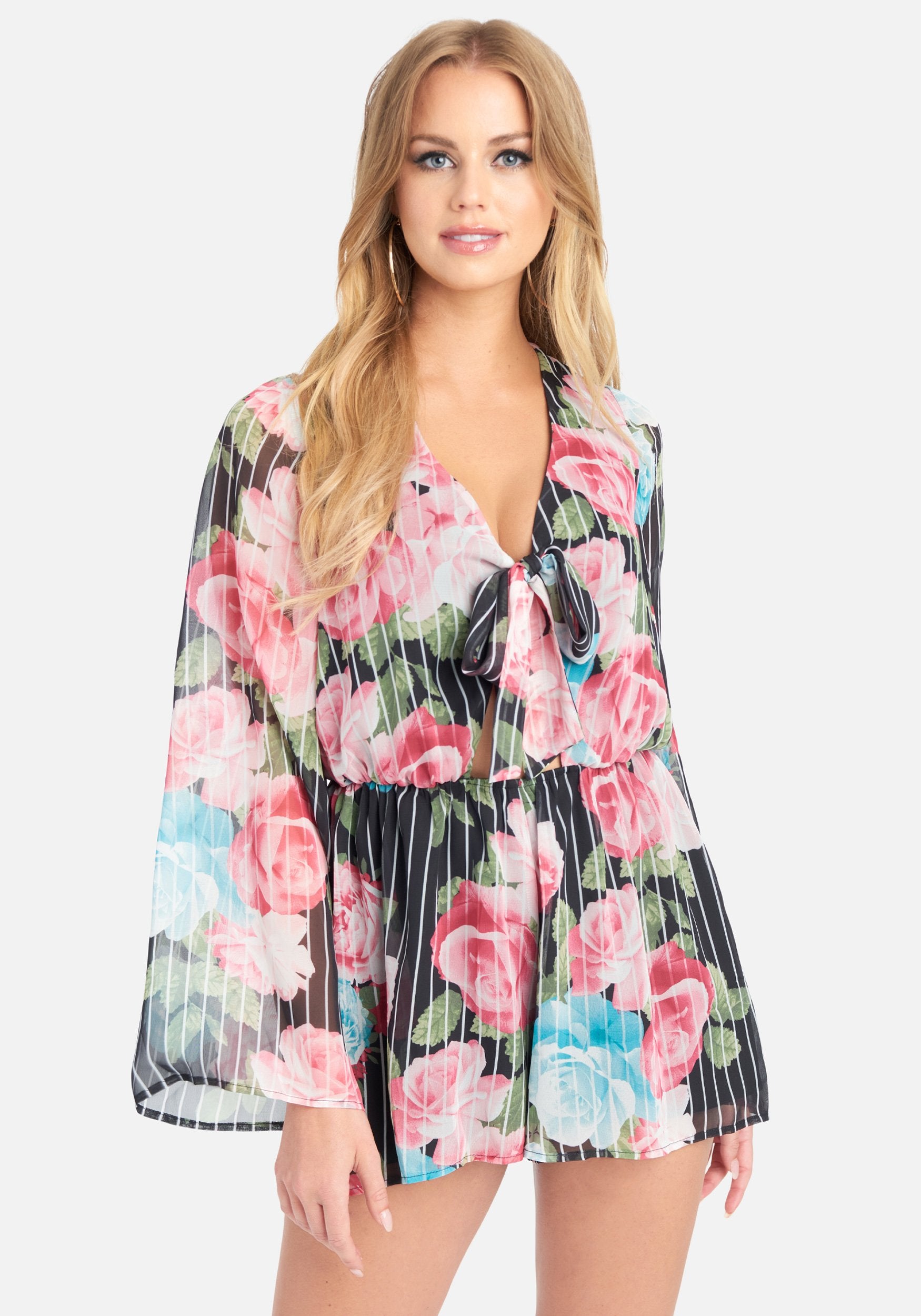 Tie Front Floral Flutter Sleeve Romper
