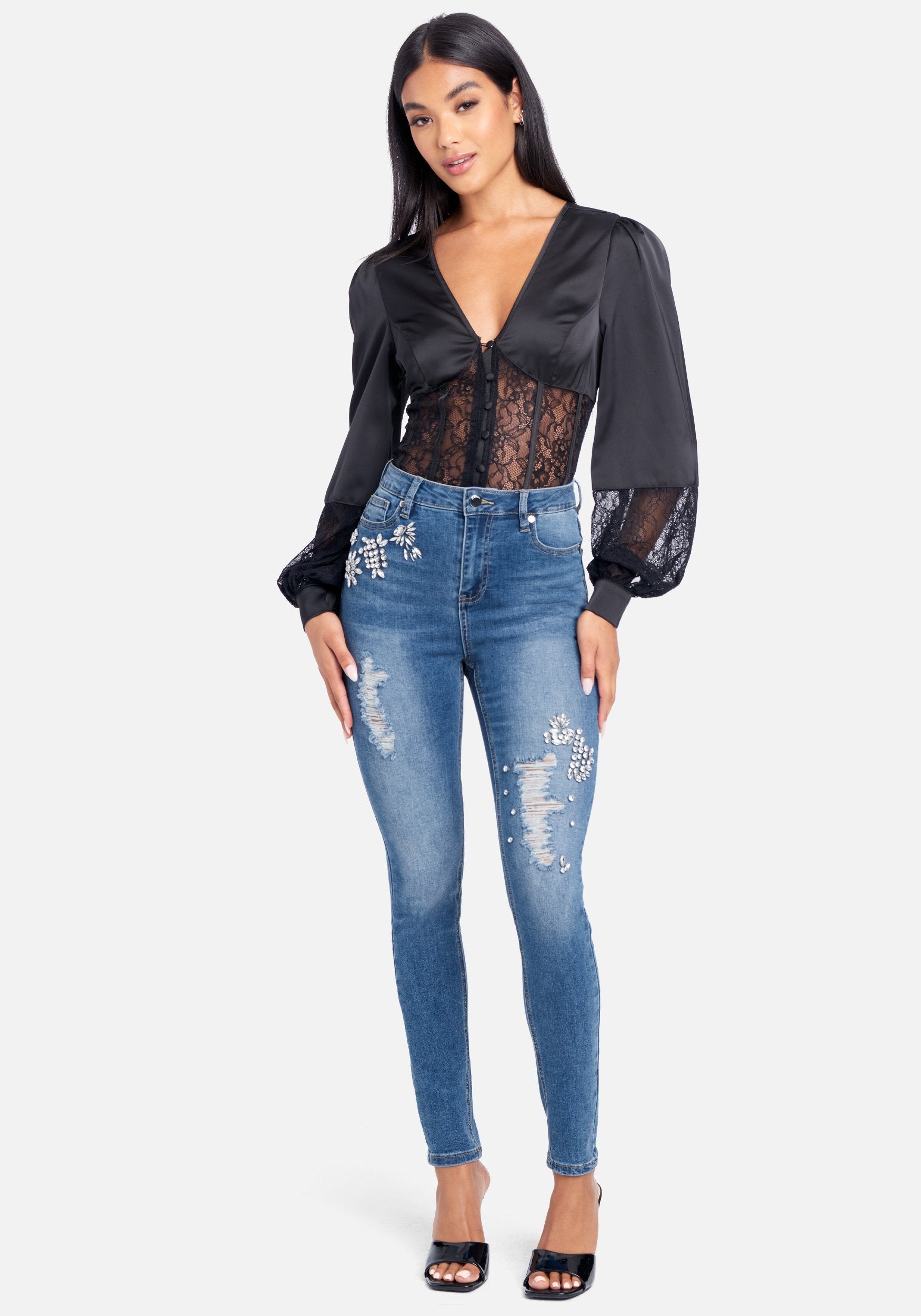 Rhinestone Detail High Waist Skinny Leg Jeans