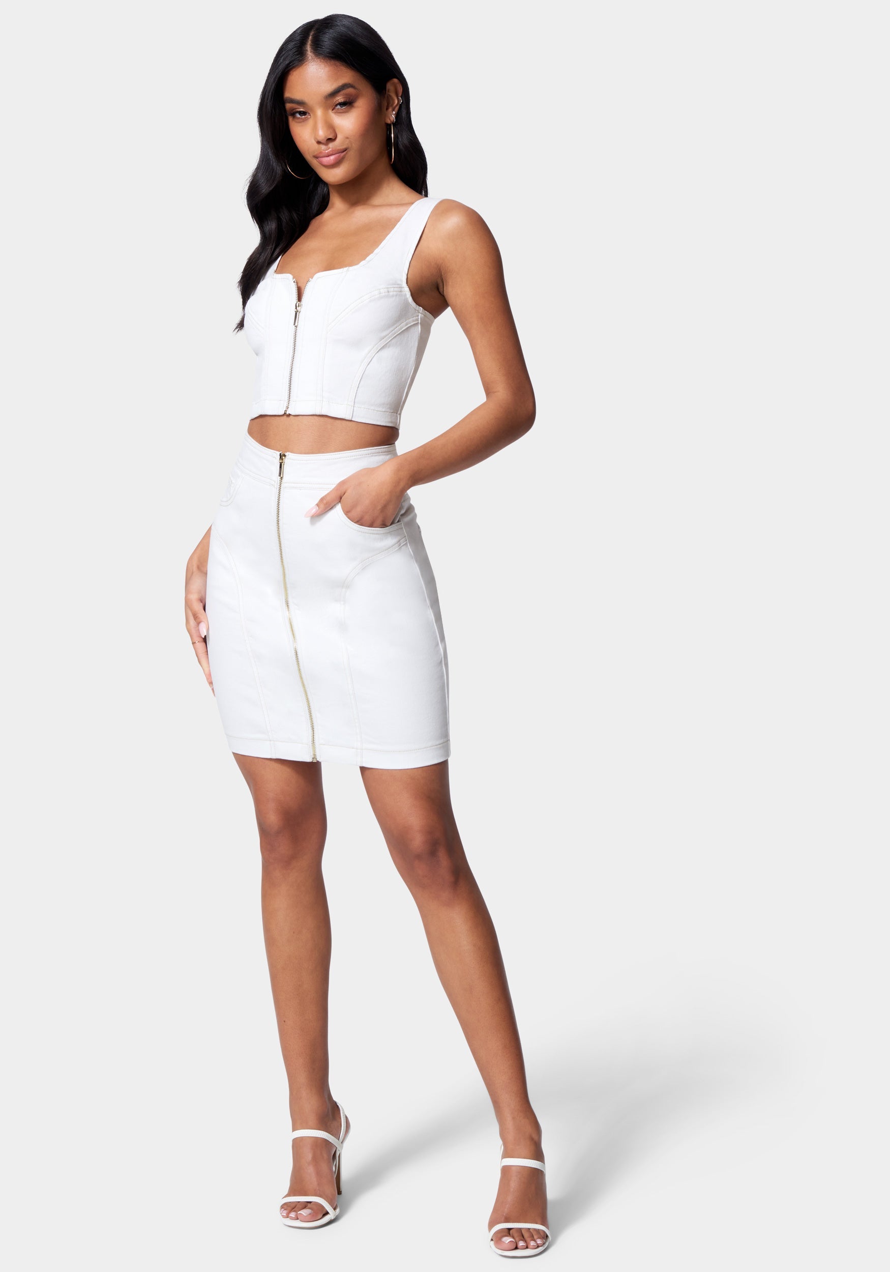 Contrast Stitching Zip Up Denim Skirt