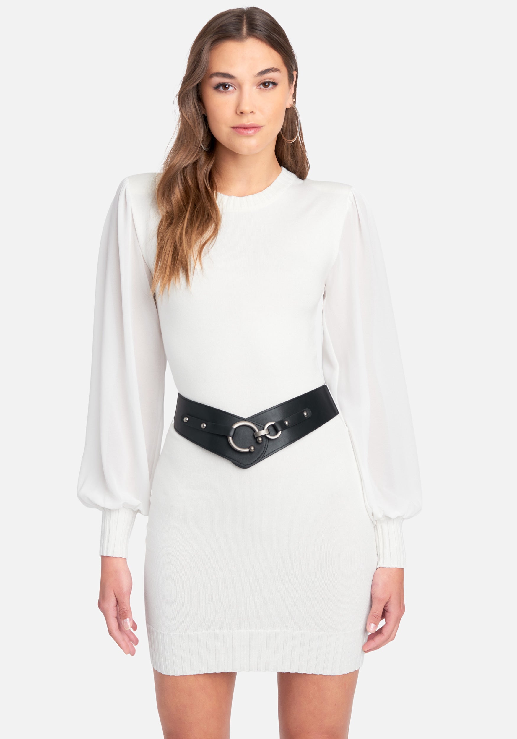 Belted Bold Shoulder Sweater Dress
