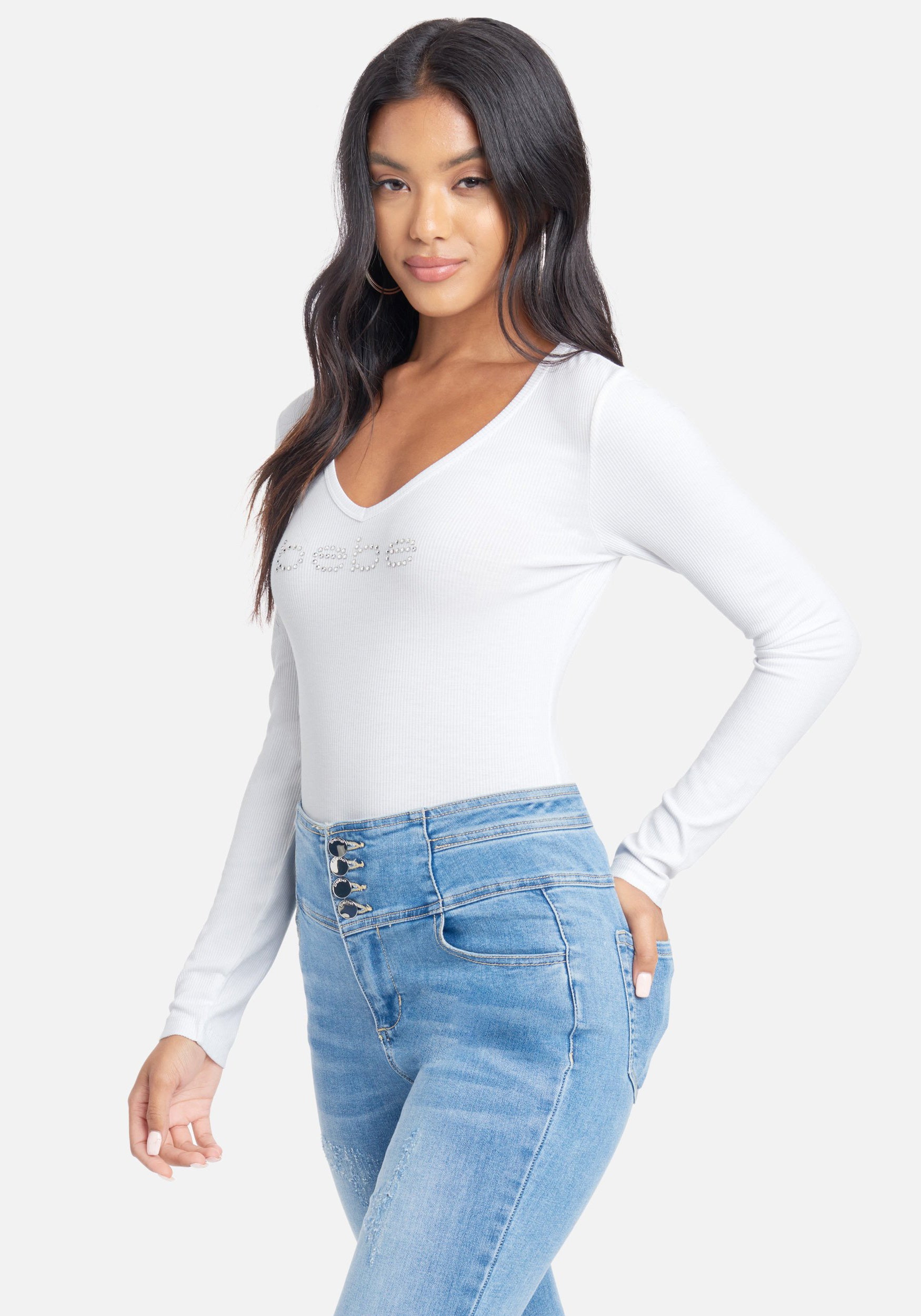 Crystal Logo V-Neck Long Sleeve Tee