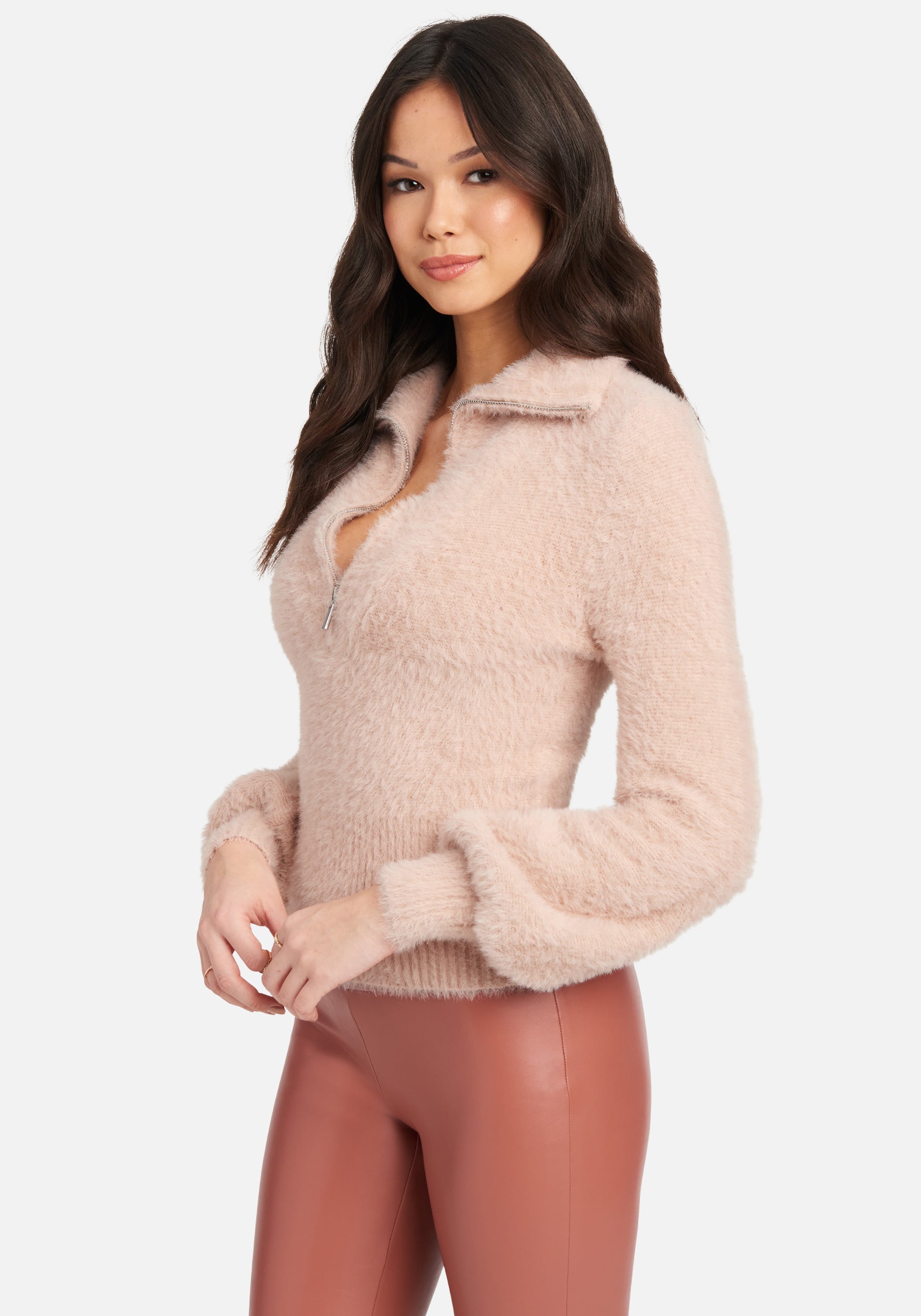 Zip Detail Collar Soft Fuzzy Sweater Top