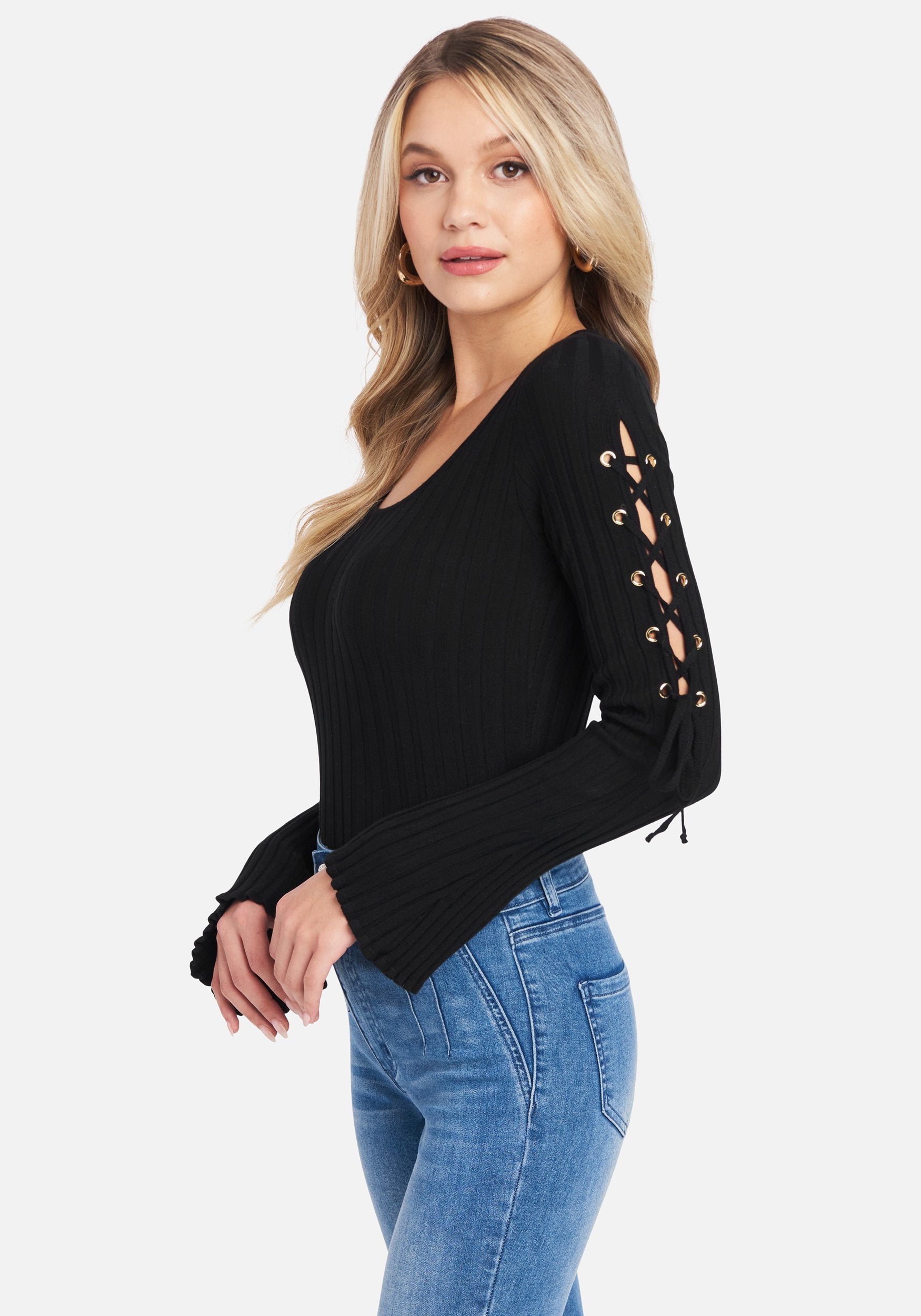 Scoop Neck Lace Up Bell Sleeve Sweater