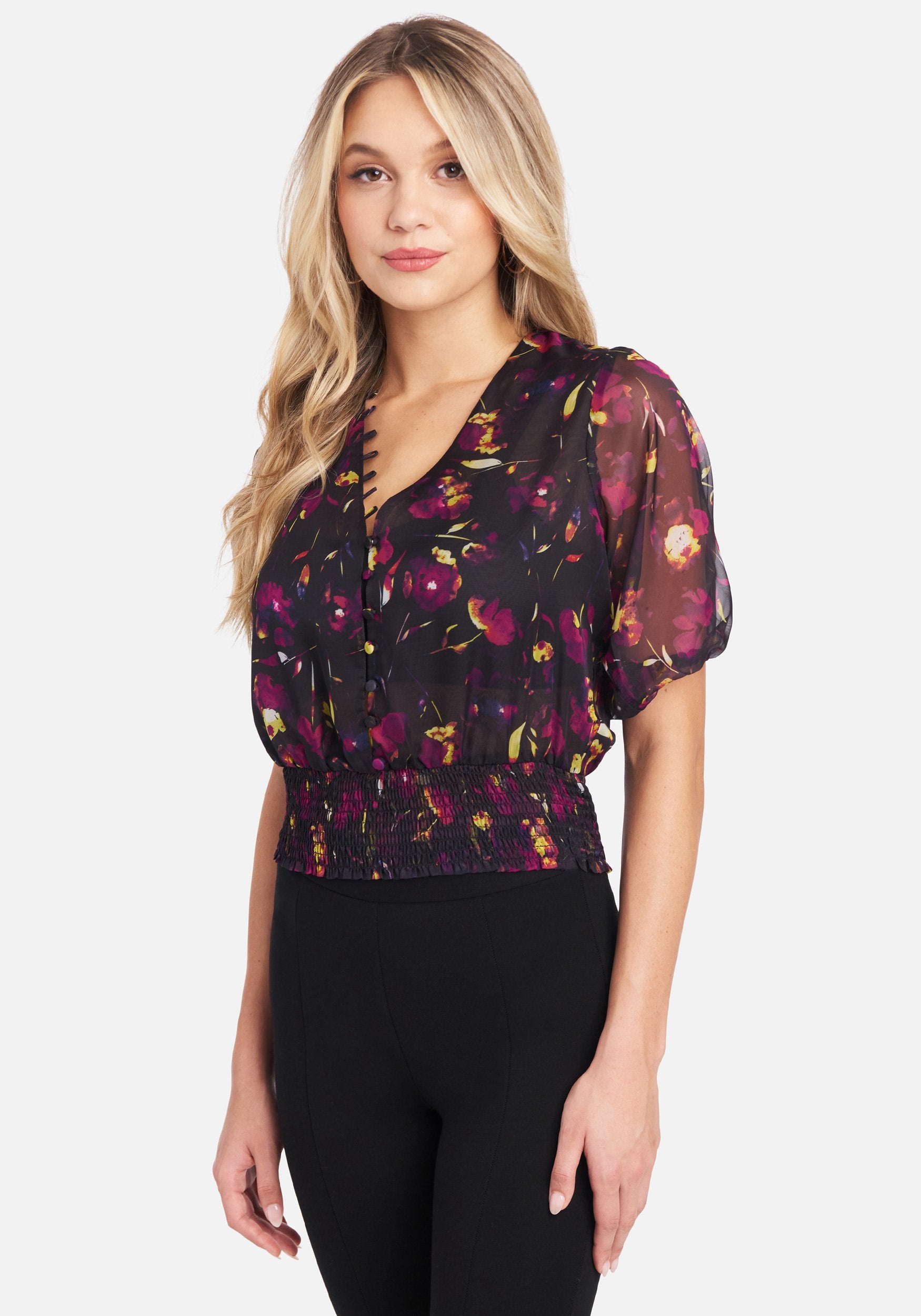 Chiffon Multi Button Smocked Hem Blouse