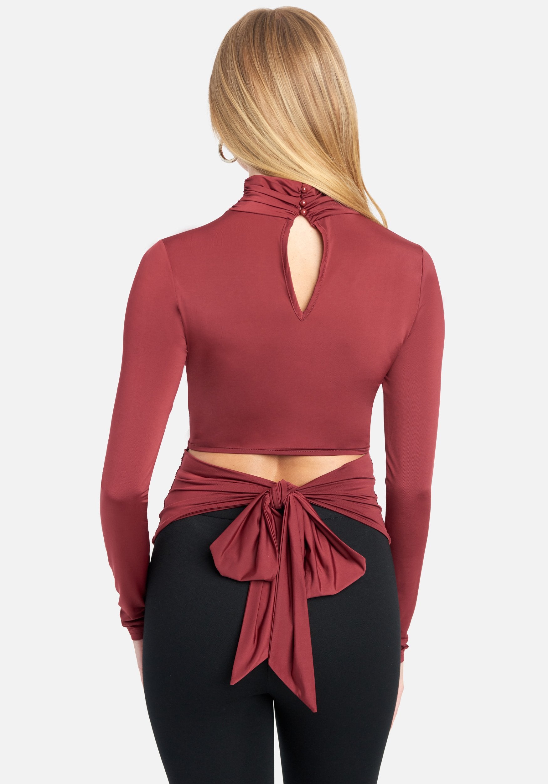 Mock Neck Ruched Waist Knit Top