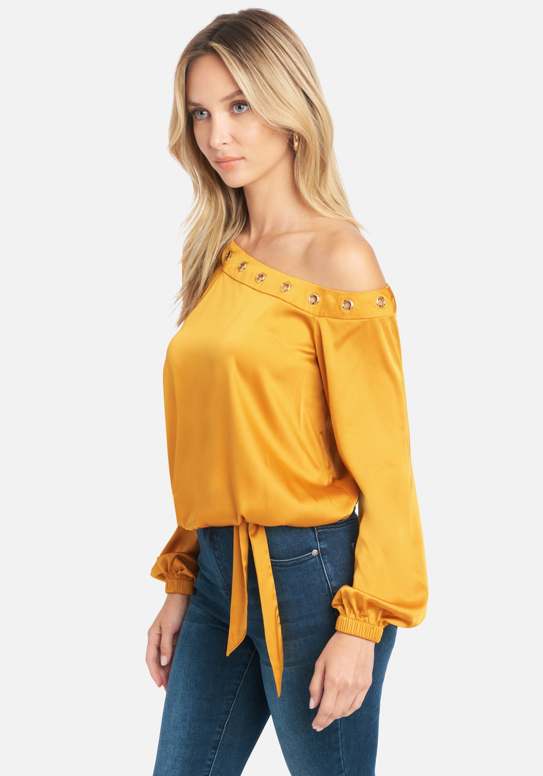 Off Shoulder Grommet Detail Satin Blouse