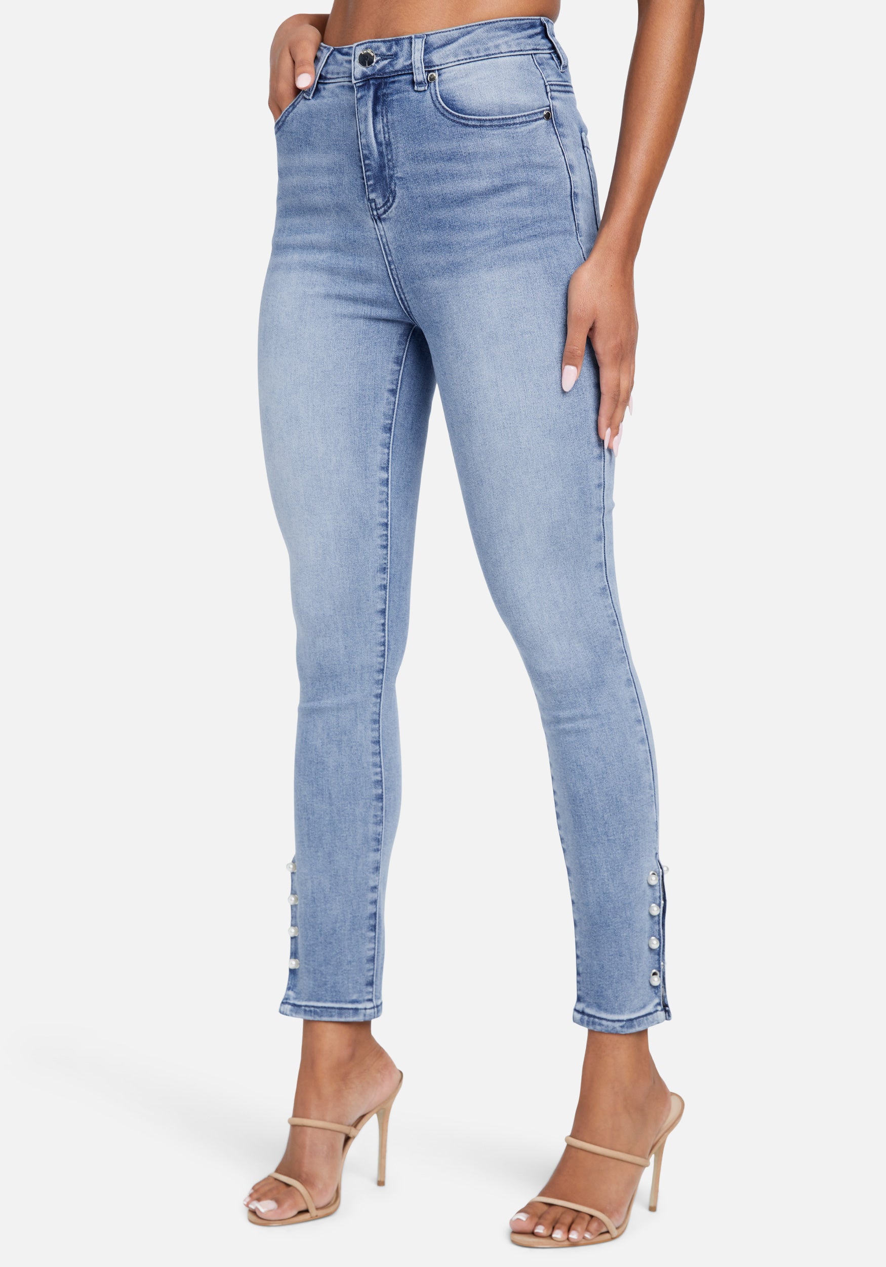 High Waist Skinny Pearl Detail Ankle Jean