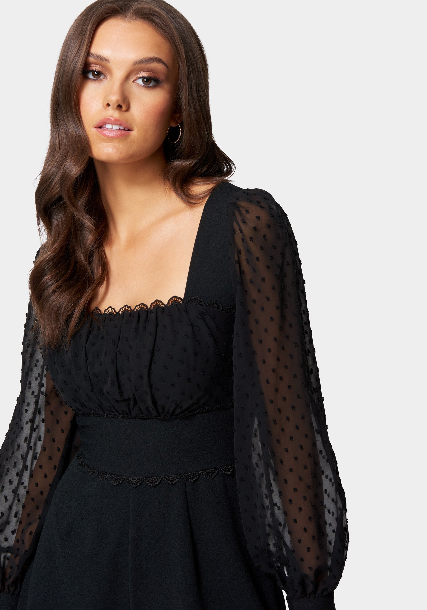 Swiss Dot Sleeve Romper With Trim Detail