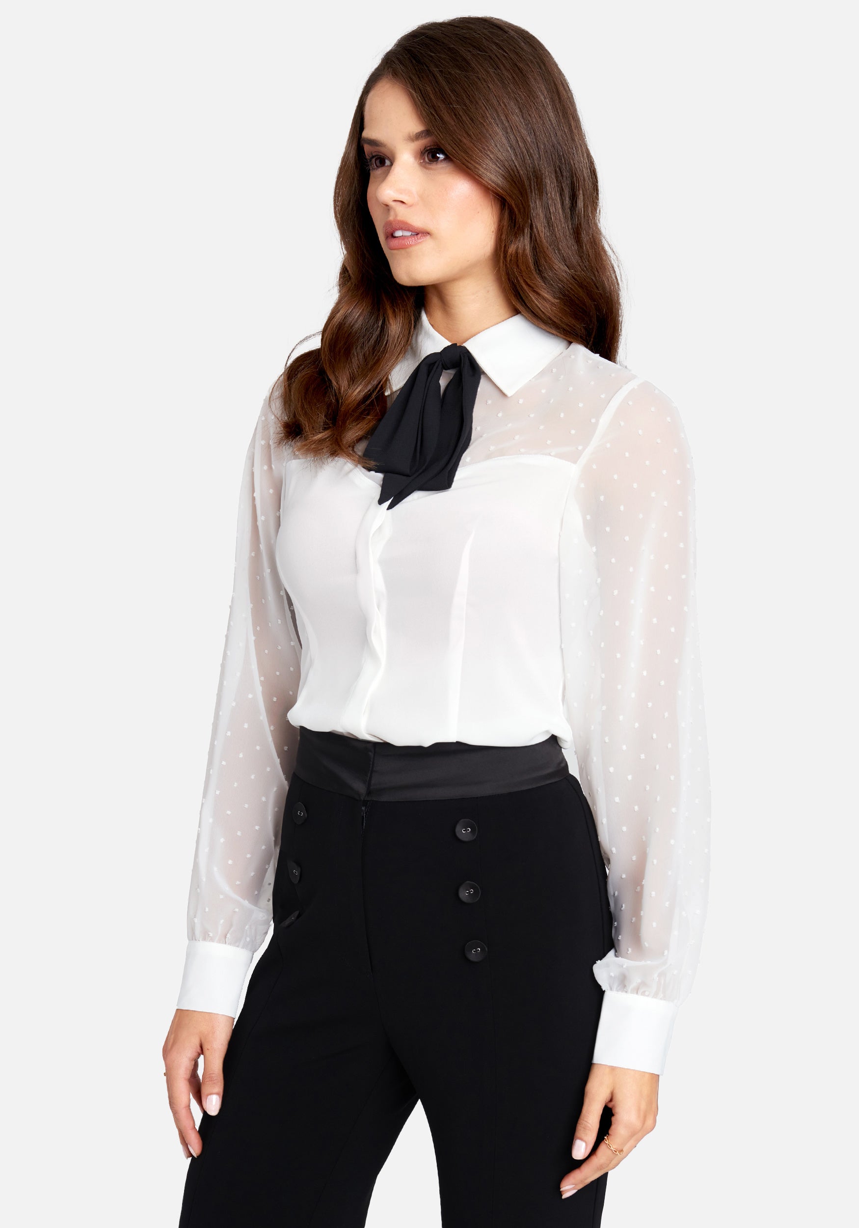 Woven Crepe Swiss Dot Yoke Blouse & Removable Neck Tie