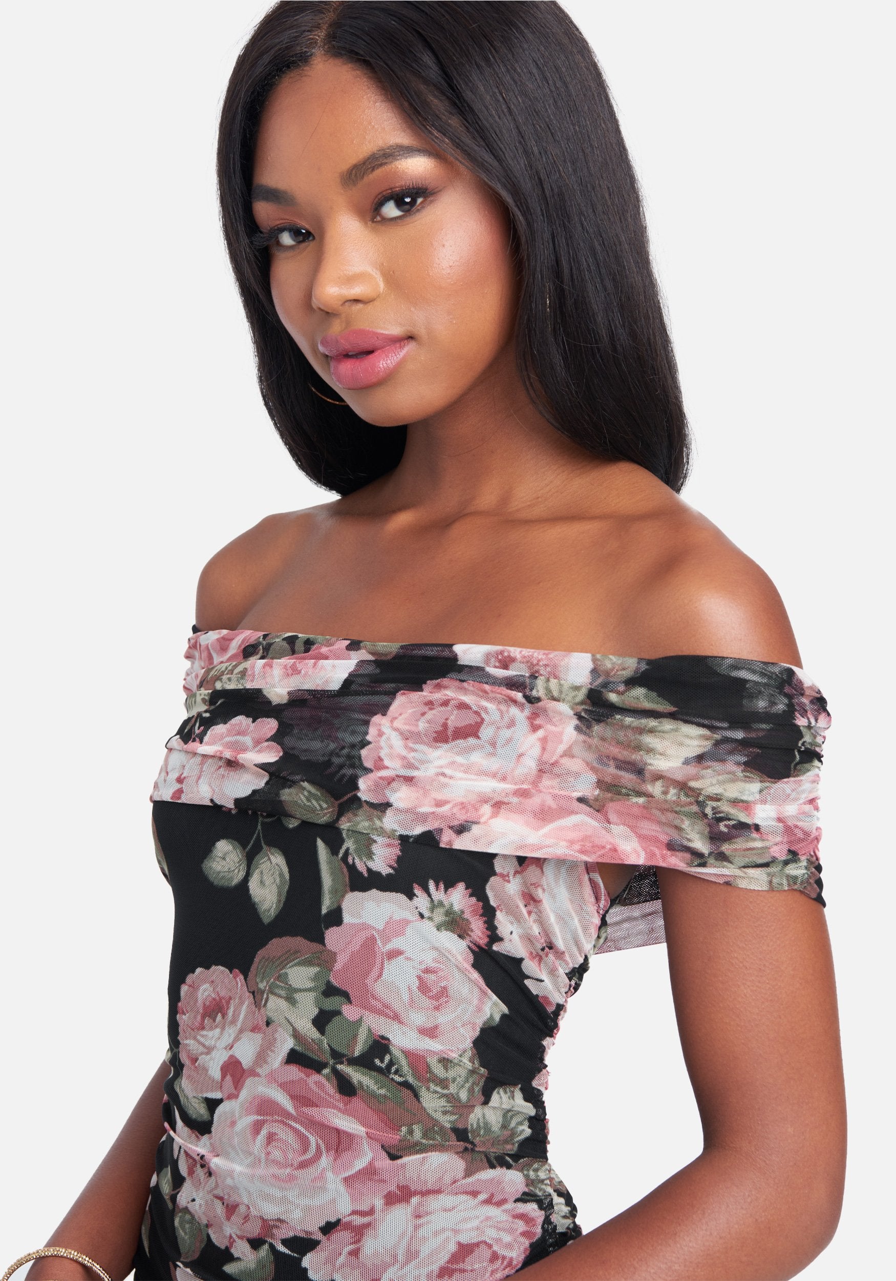 Off Shoulder Floral Ruched Dress