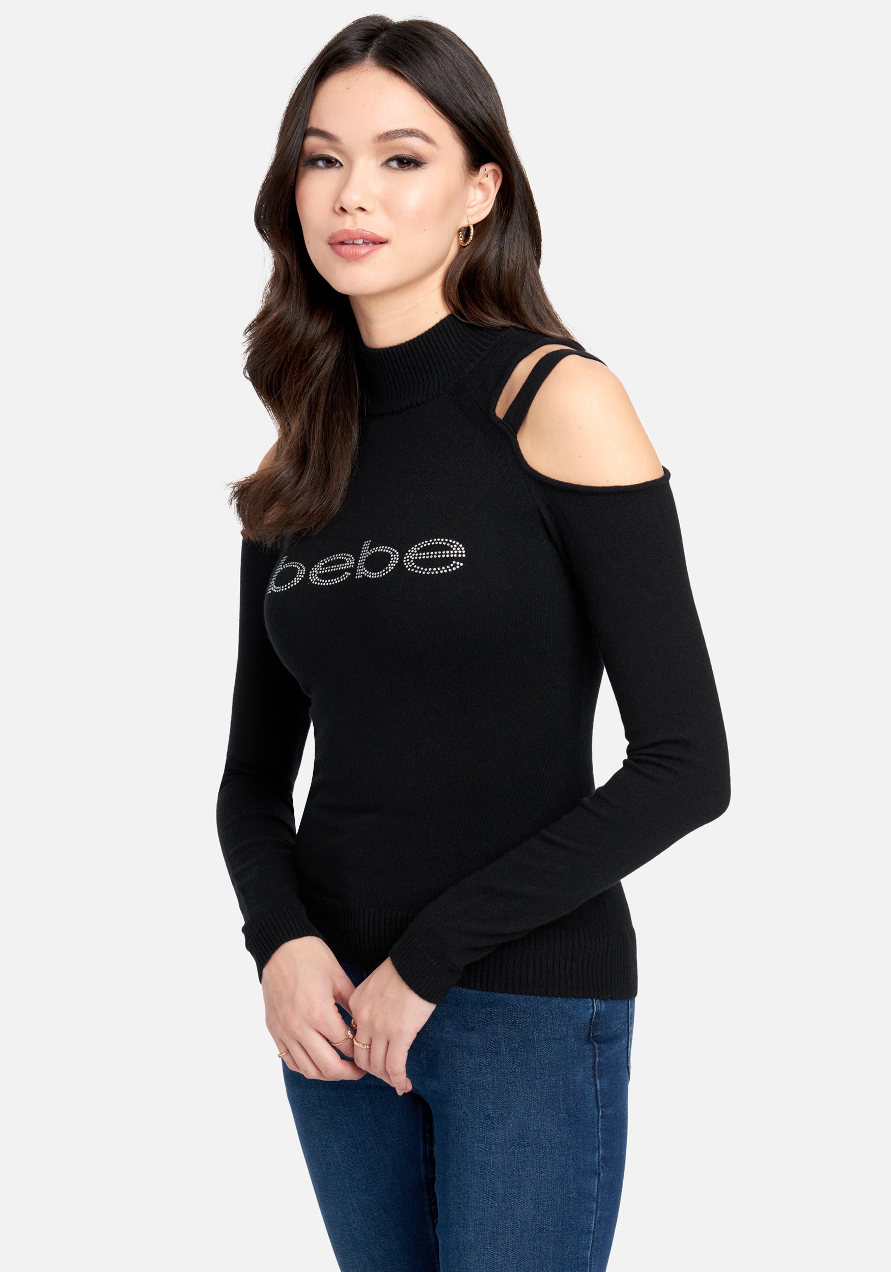 Bebe Logo Strappy Cold Shoulder Mock Neck Sweater