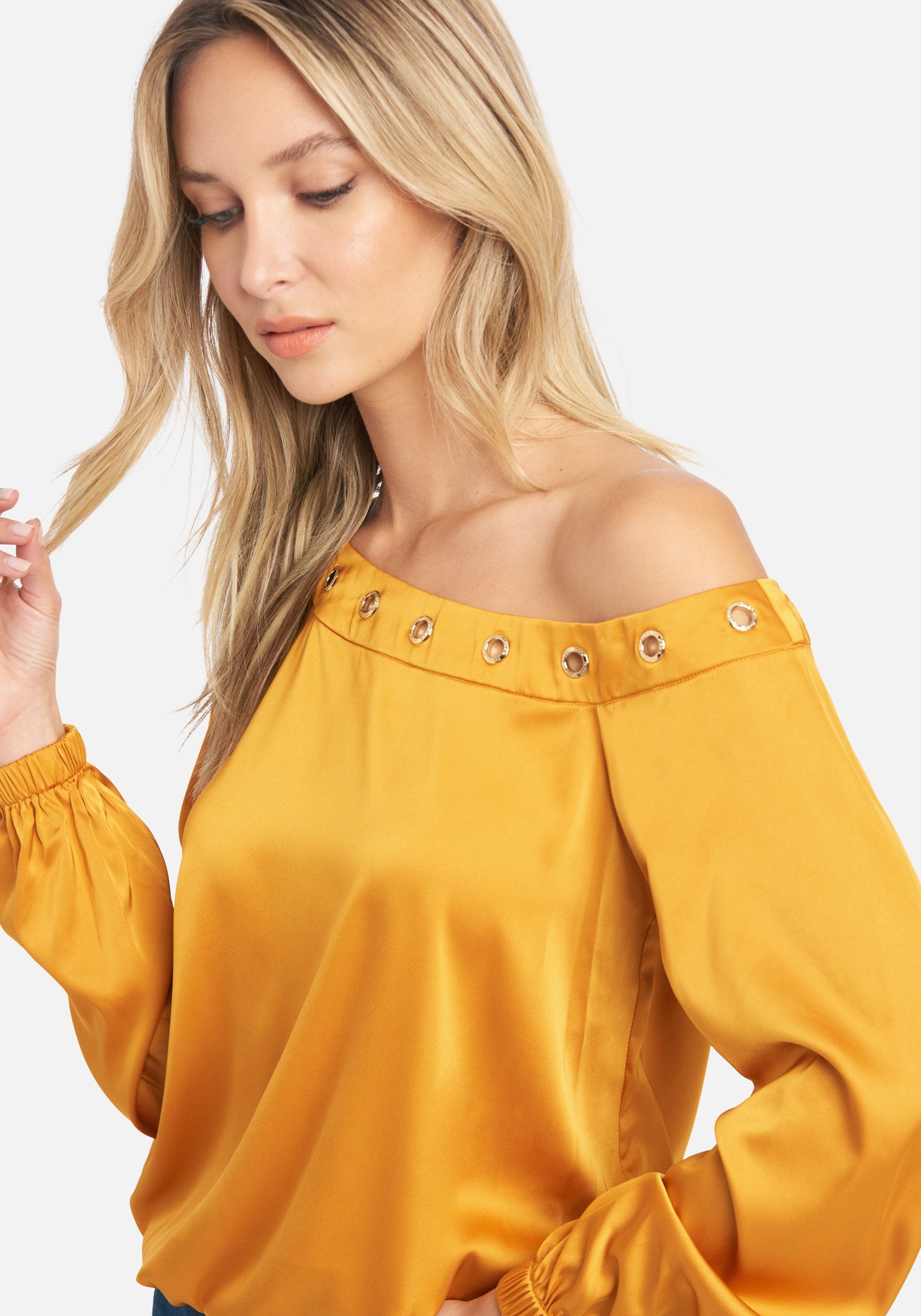 Off Shoulder Grommet Detail Satin Blouse