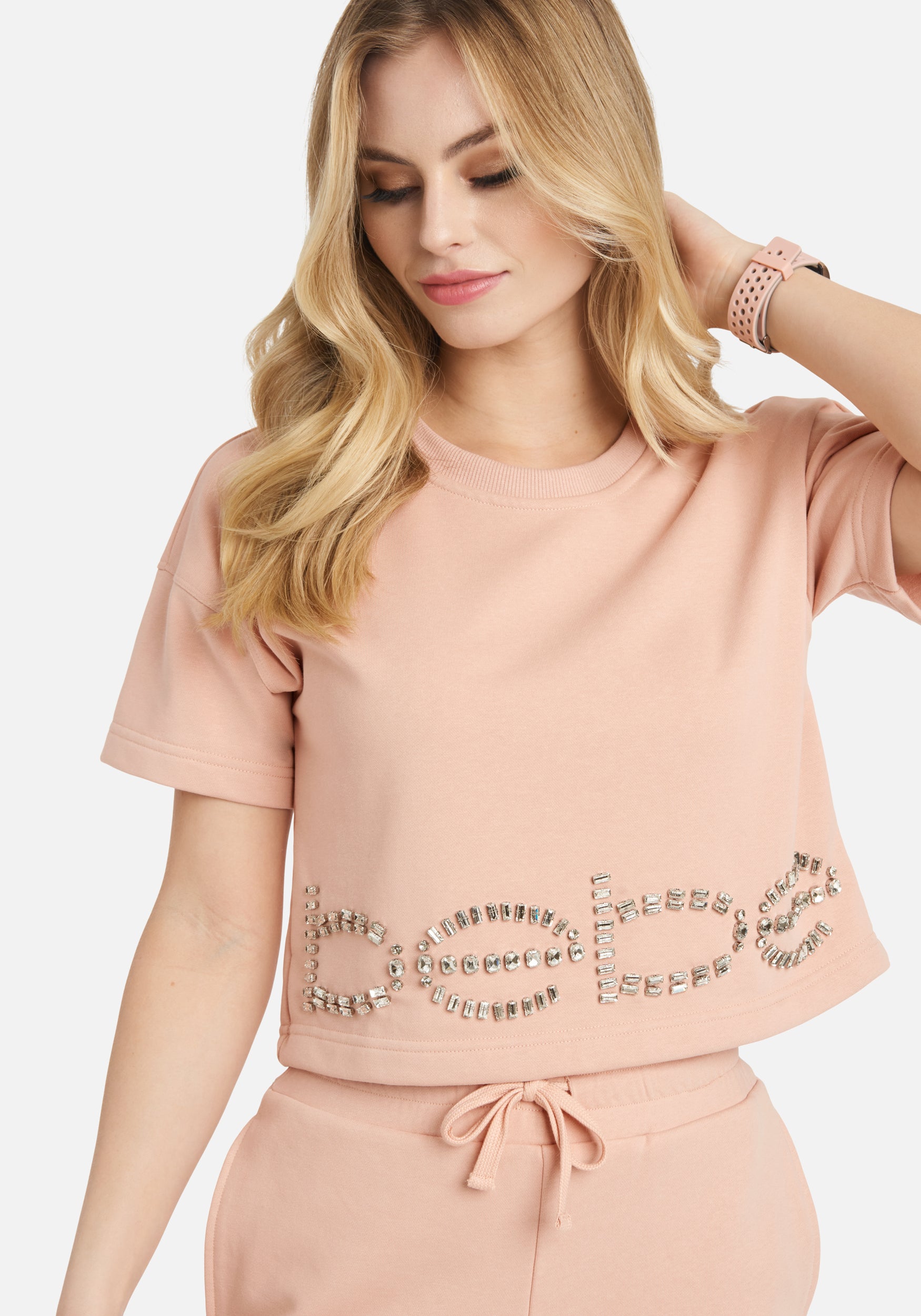 Bebe Rhinestone Logo French Terry Crop Top