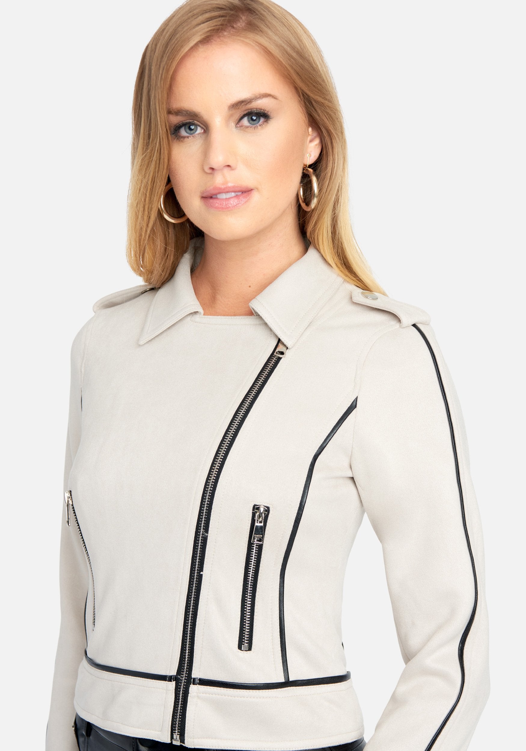 Vegan Suede Piping Detail Moto Jacket