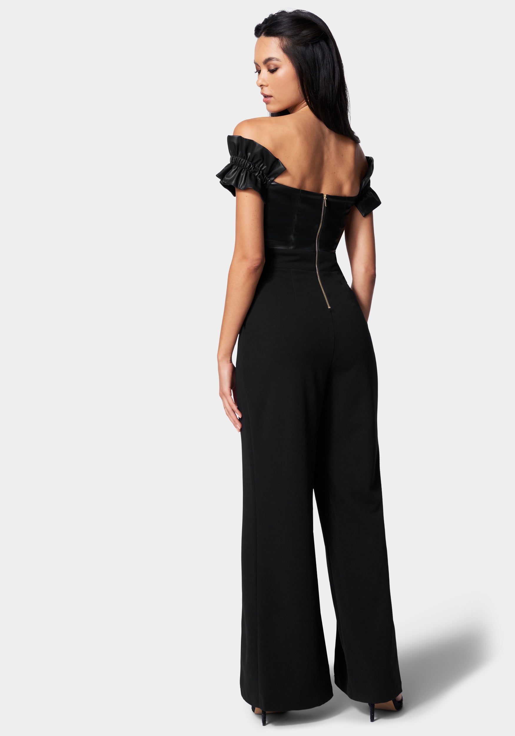 Vegan Leather Off Shoulder Wide Leg Jumpsuit