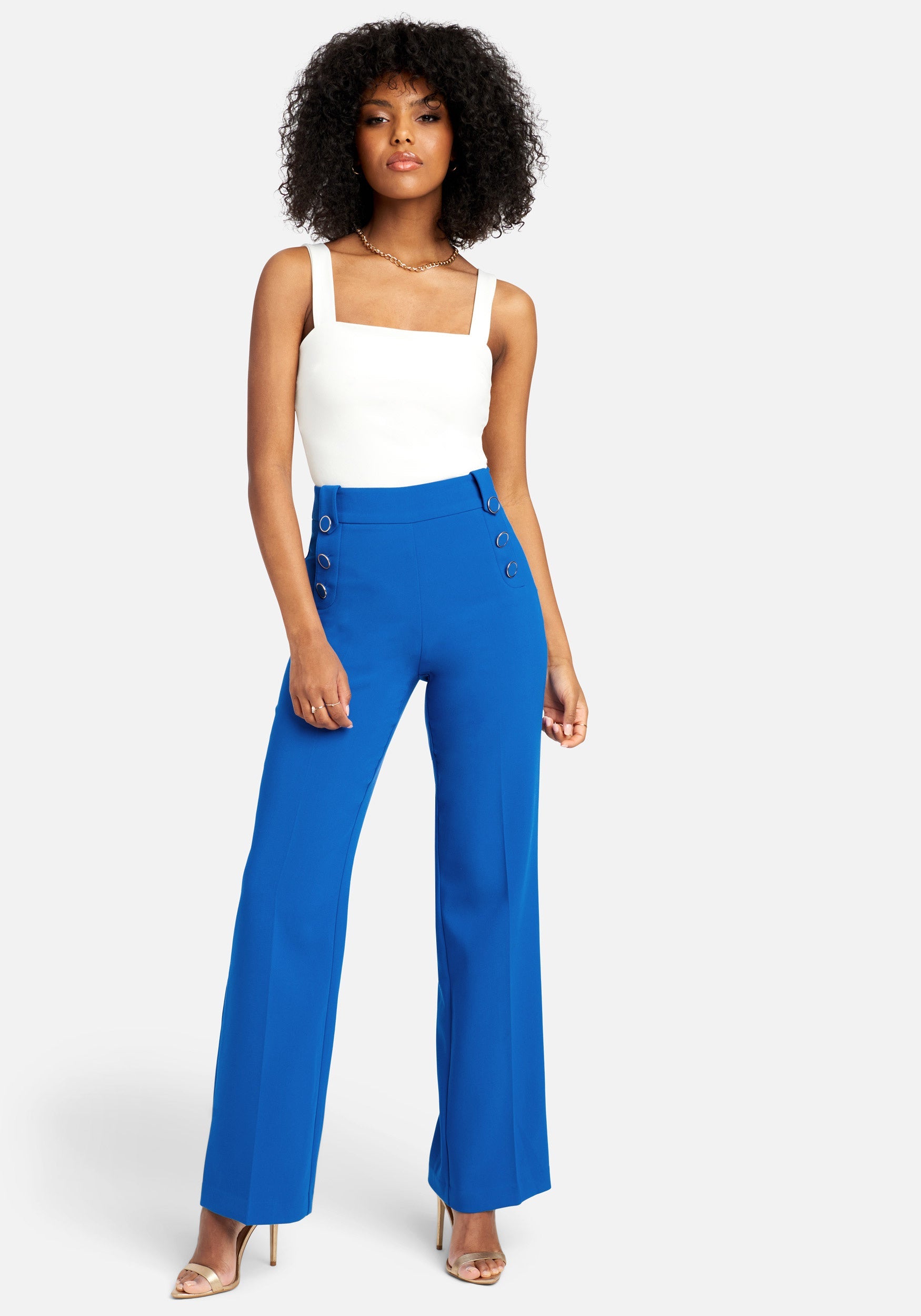 High Waist Button Detail Wide Leg Pant