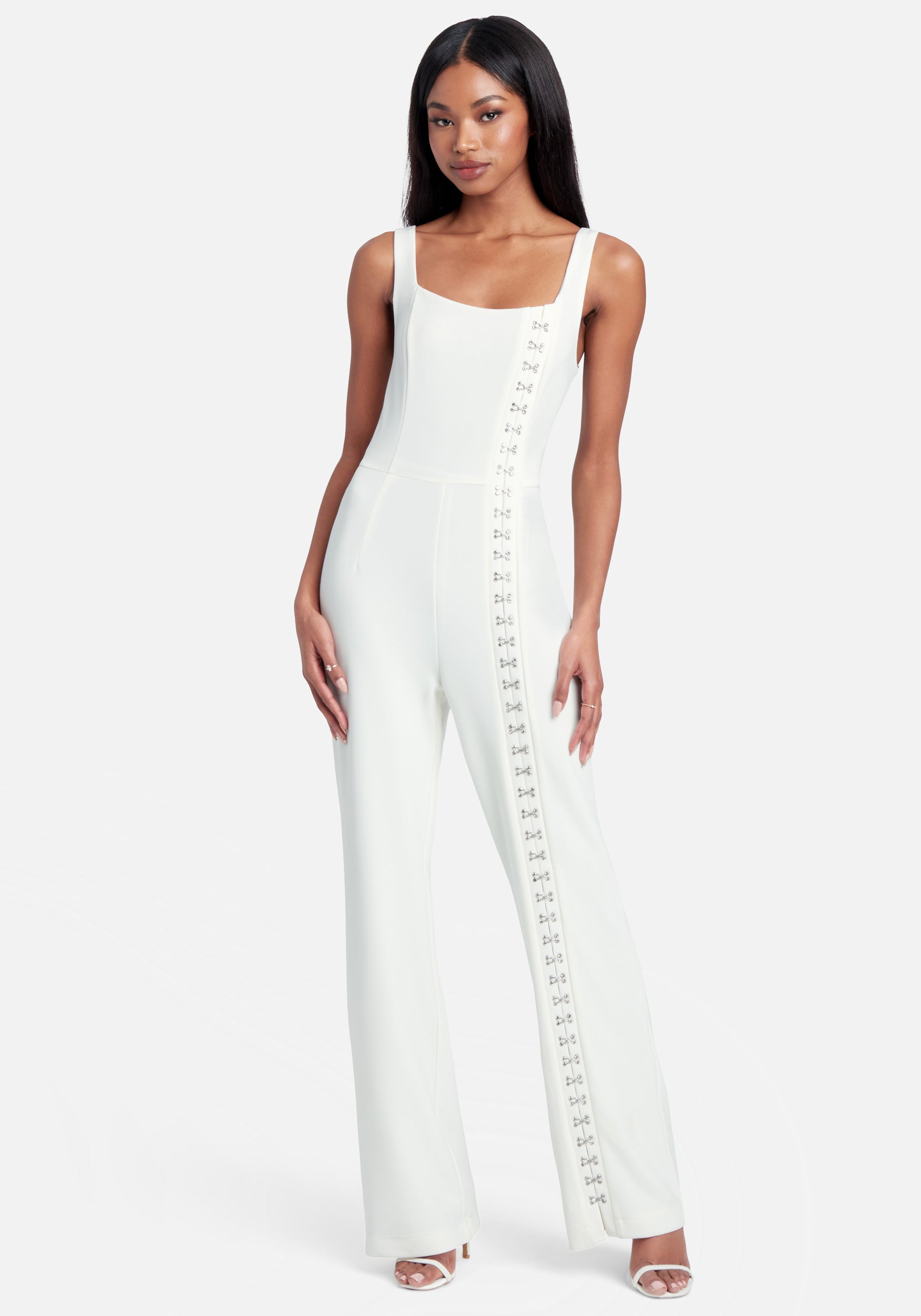 Knit Crepe Rhinestone Hook & Eye Wide Leg Jumpsuit
